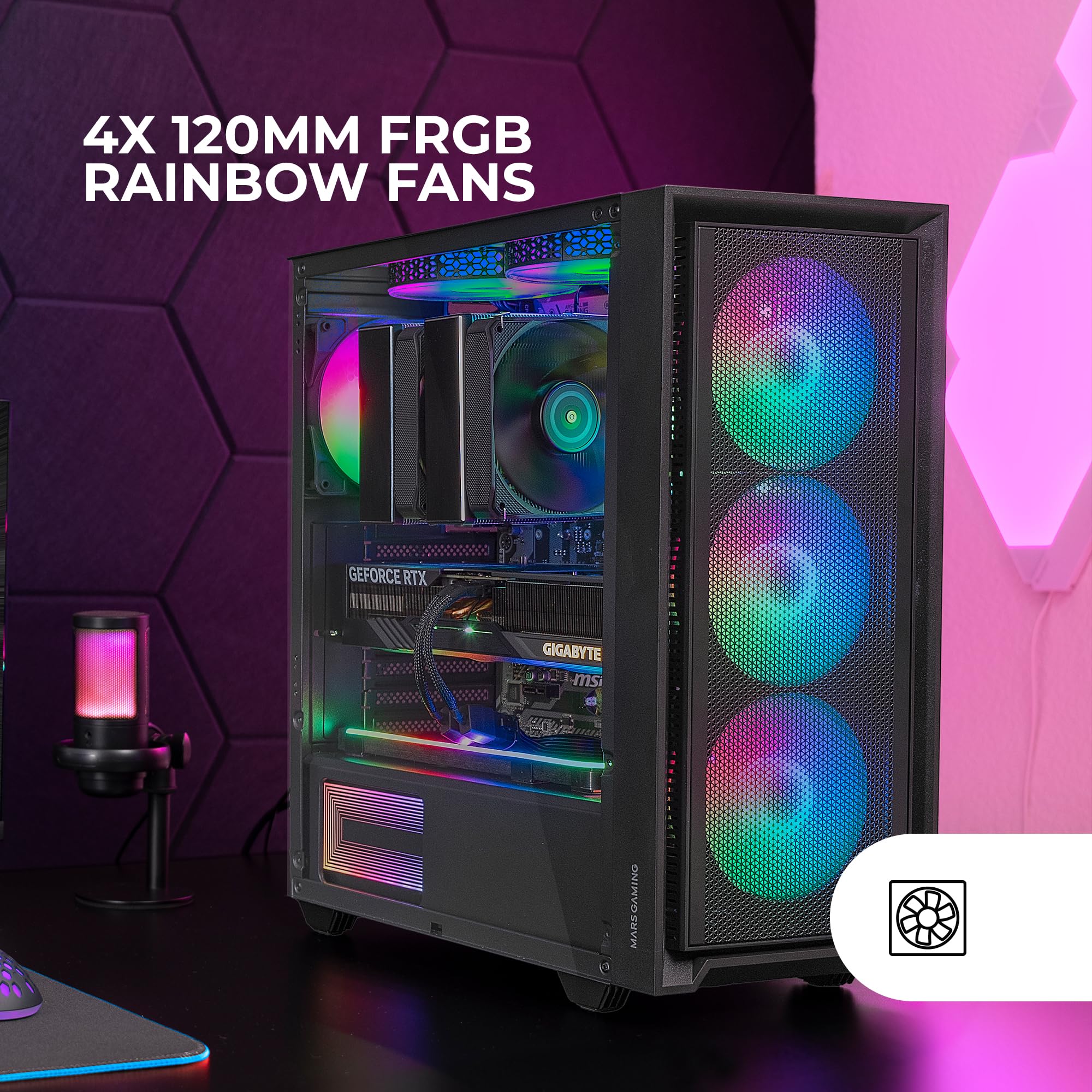 MARSGAMING MC-AIR, Case Gaming ATX, 4x Ventole FRGB Rainbow 120mm, Pannello Frontale Mesh, Finestra Laterale in Vetro Temperato, Semitorre PC Doppia Camera, Supporto Raffreddamento a Liquido, Nero