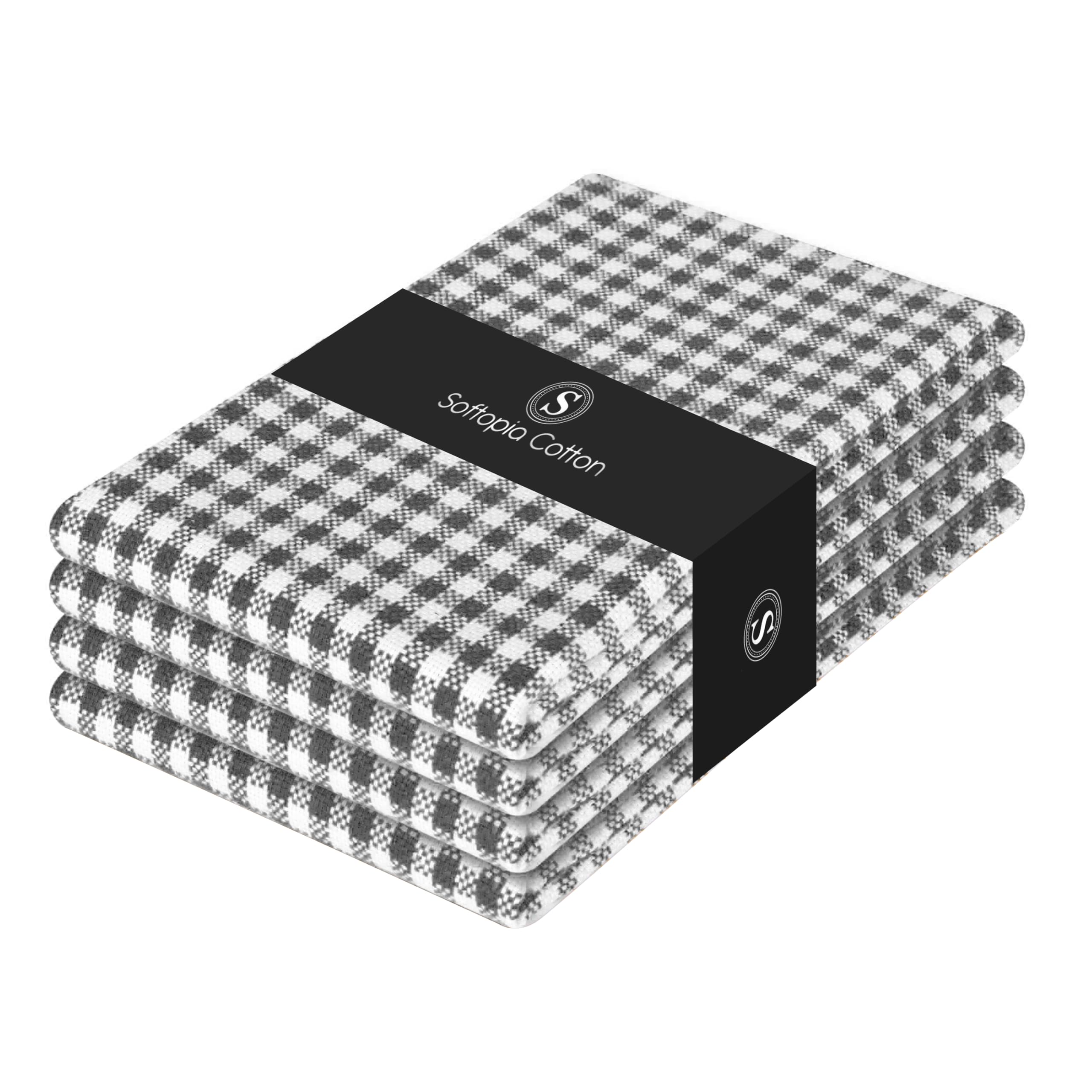 4 Pack Gingham Check Kitchen Dish Towels 16x26 Inches, Absorbent &amp; Durable, Washable, Hand Tea Towels with Hanging Loop - Ideal for Restaurants &amp; Home Kitchens, Grey White