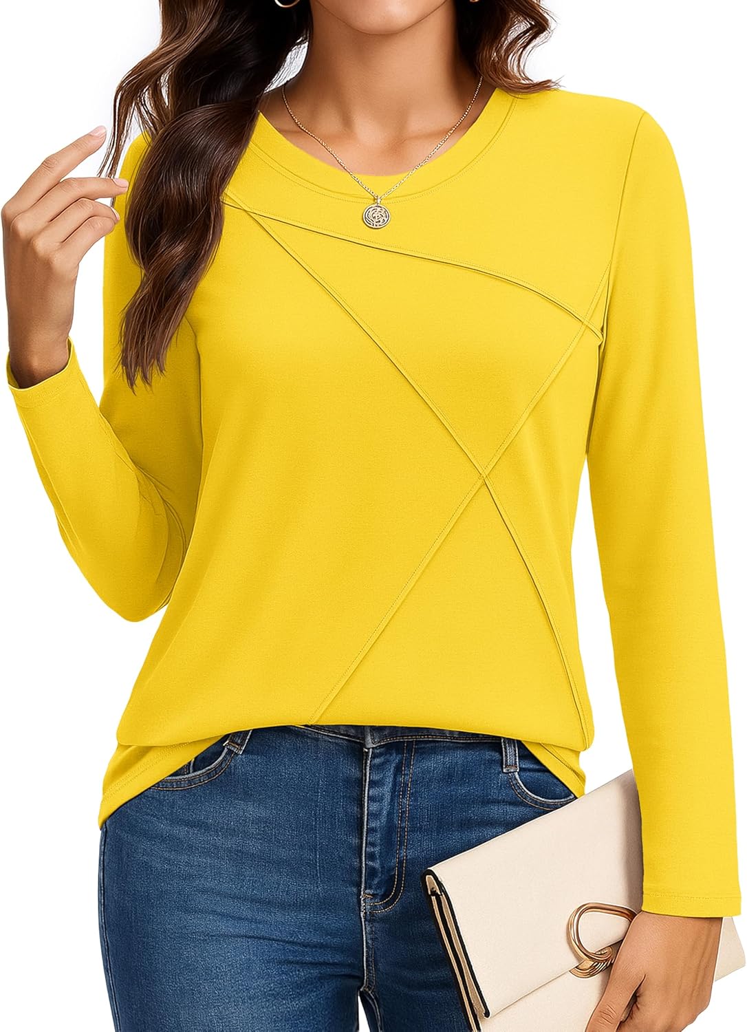 YUCOLEN Womens Long Sleeve Shirts Pleated Crew Neck Fall Trendy Tops Lightweight Tshirt for Women Casual - Image 2