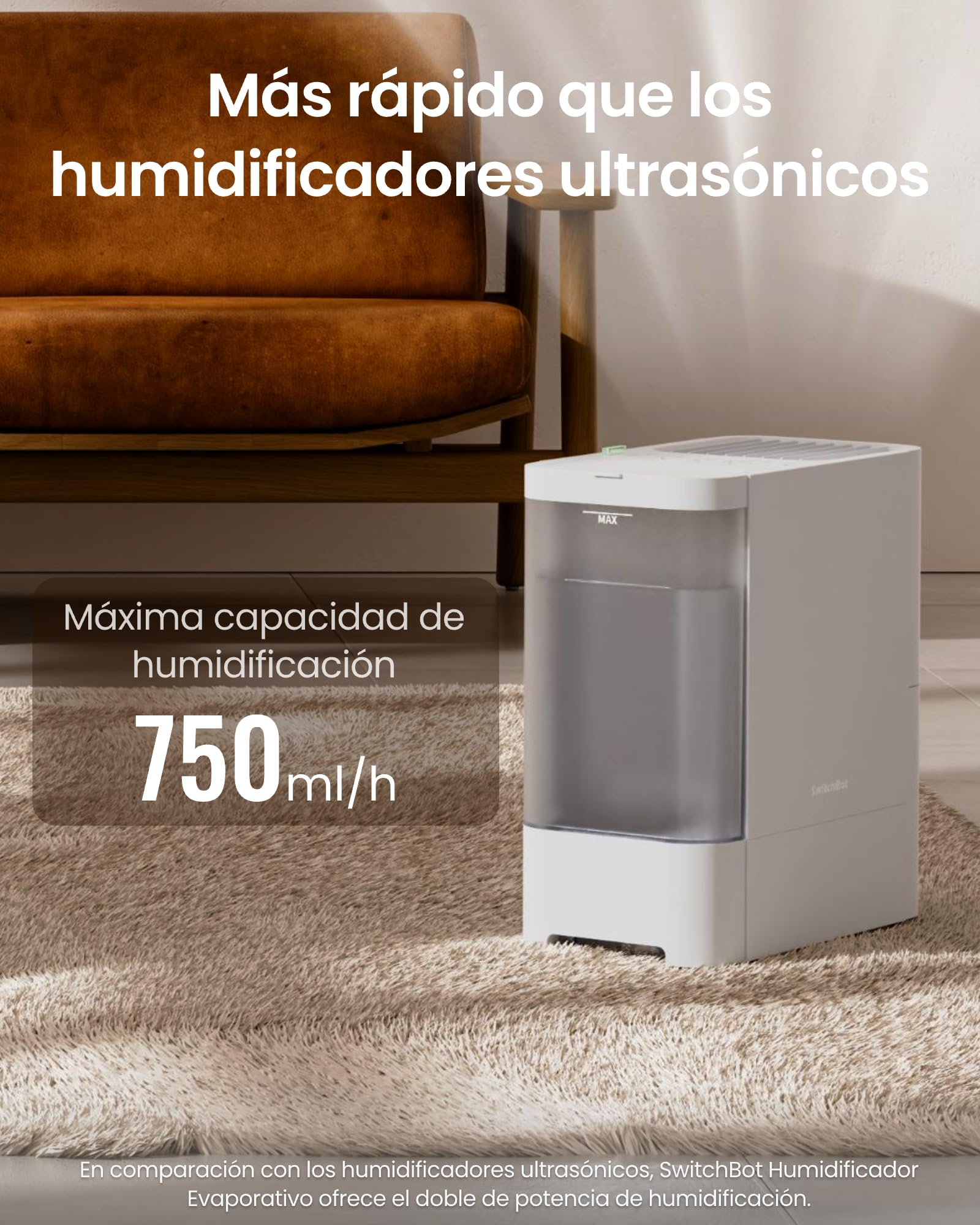 SwitchBot Humidificador Evaporativo, 750 ml/h, 4,5 l para habitaciones grandes, sin niebla, llenado por arriba, filtro lavable, silencioso para bebés, Alexa, Google Home, HomeKit y Matter