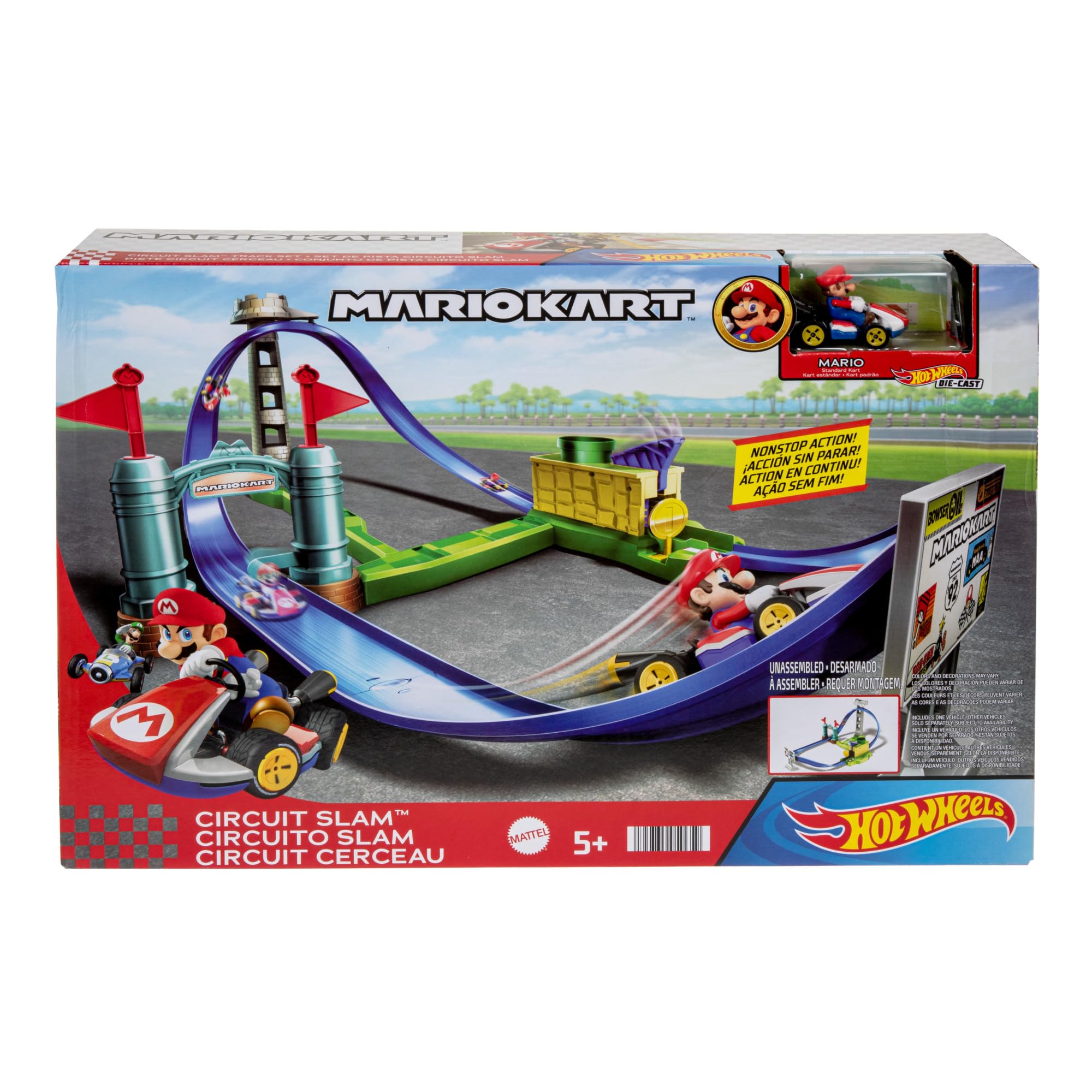 Hot Wheels Mario Kart - Sfida in Circuito, pista ispirata al videogioco con Kart di Mario incluso, lanciatore per farlo sfrecciare tra curve e ostacoli e torre per il parcheggio, HGK59