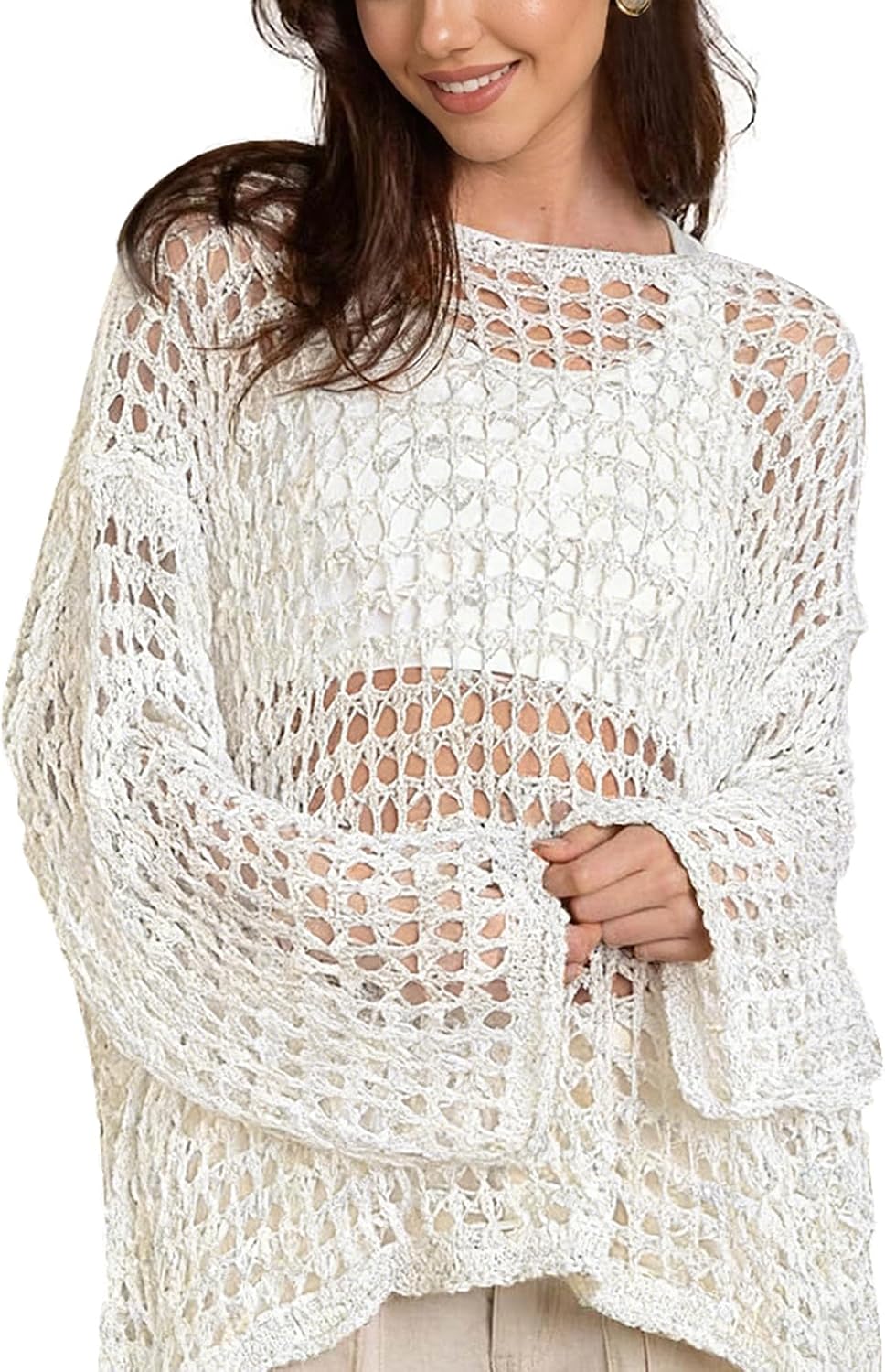 Bsubseach Sexy Beach Cover Ups for Women Hollow Out Crochet Bathing Swimsuit Coverup Sheer Beach Tops Vacation Clothes