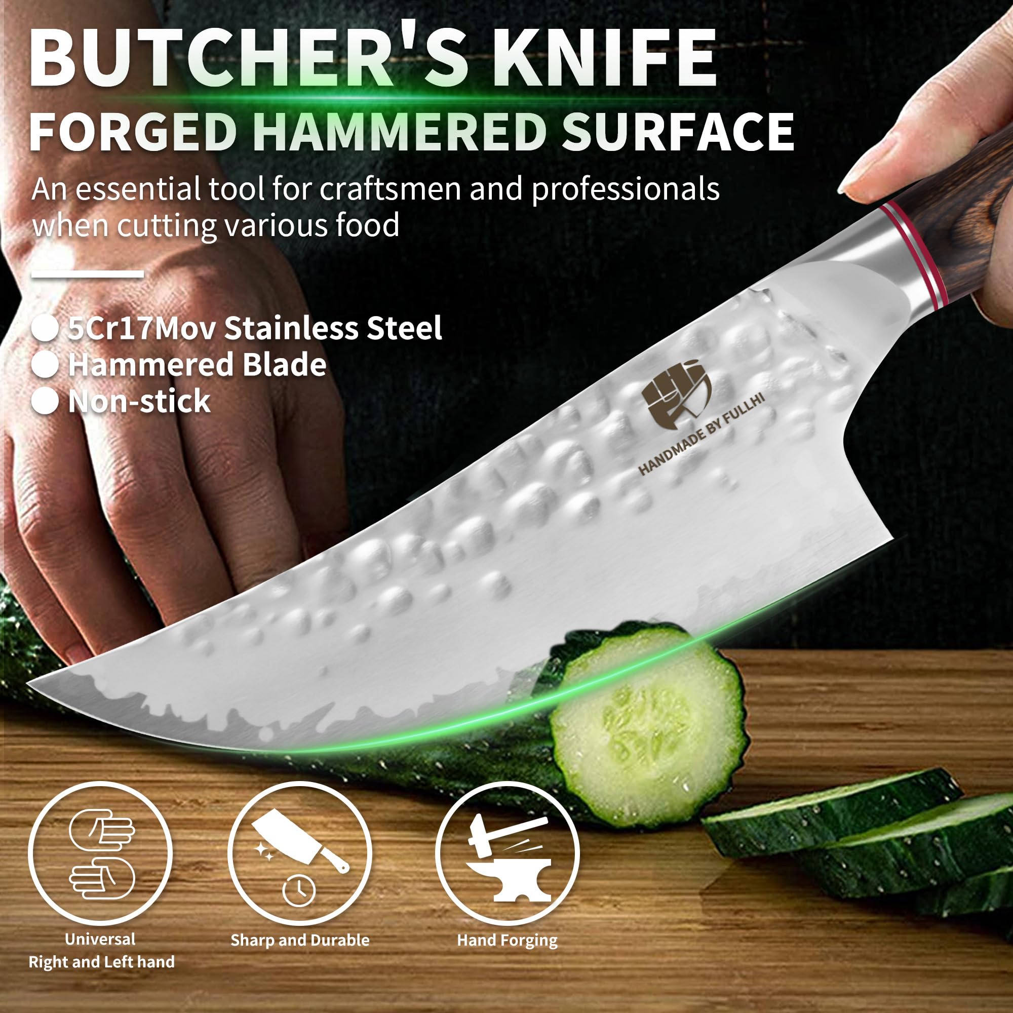 FULLHI Coltello da cucina a lama martellata con protezione, coltelli da chef antiaderenti, coltello giapponese con manico in legno Pakka, coltelli da cucina in acciaio inox con fodero (170mm)