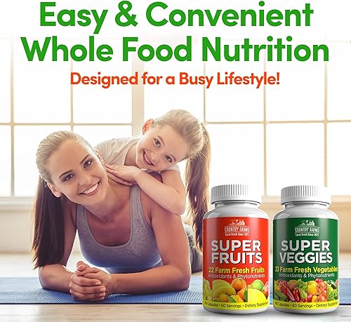 Miniatura 4 de Country Farms Suplemento de frutas y verduras, 180 cápsulas de frutas y 180 verduras, verduras y rojos llenos de superalimentos, potentes