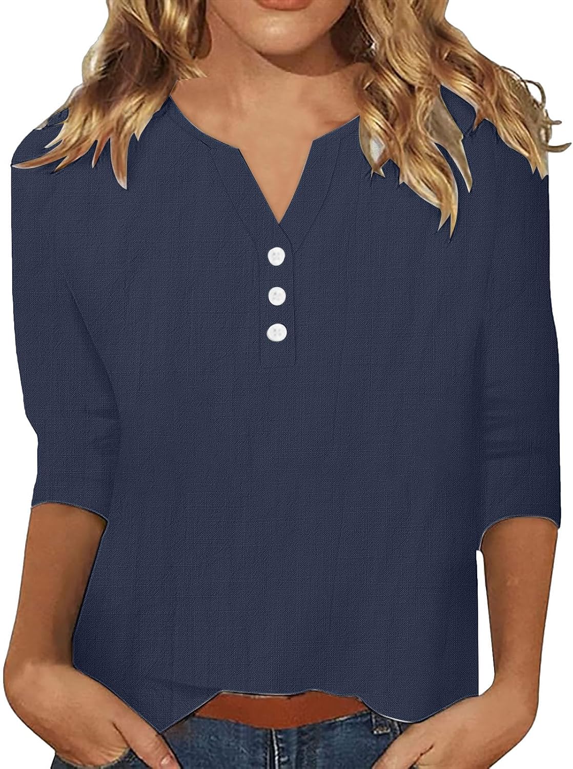 Womens Cotton Linen Tops V Neck Button Up Casual Comfy 3/4 Sleeve Blouses Solid Summer Beach T-Shirt 2026