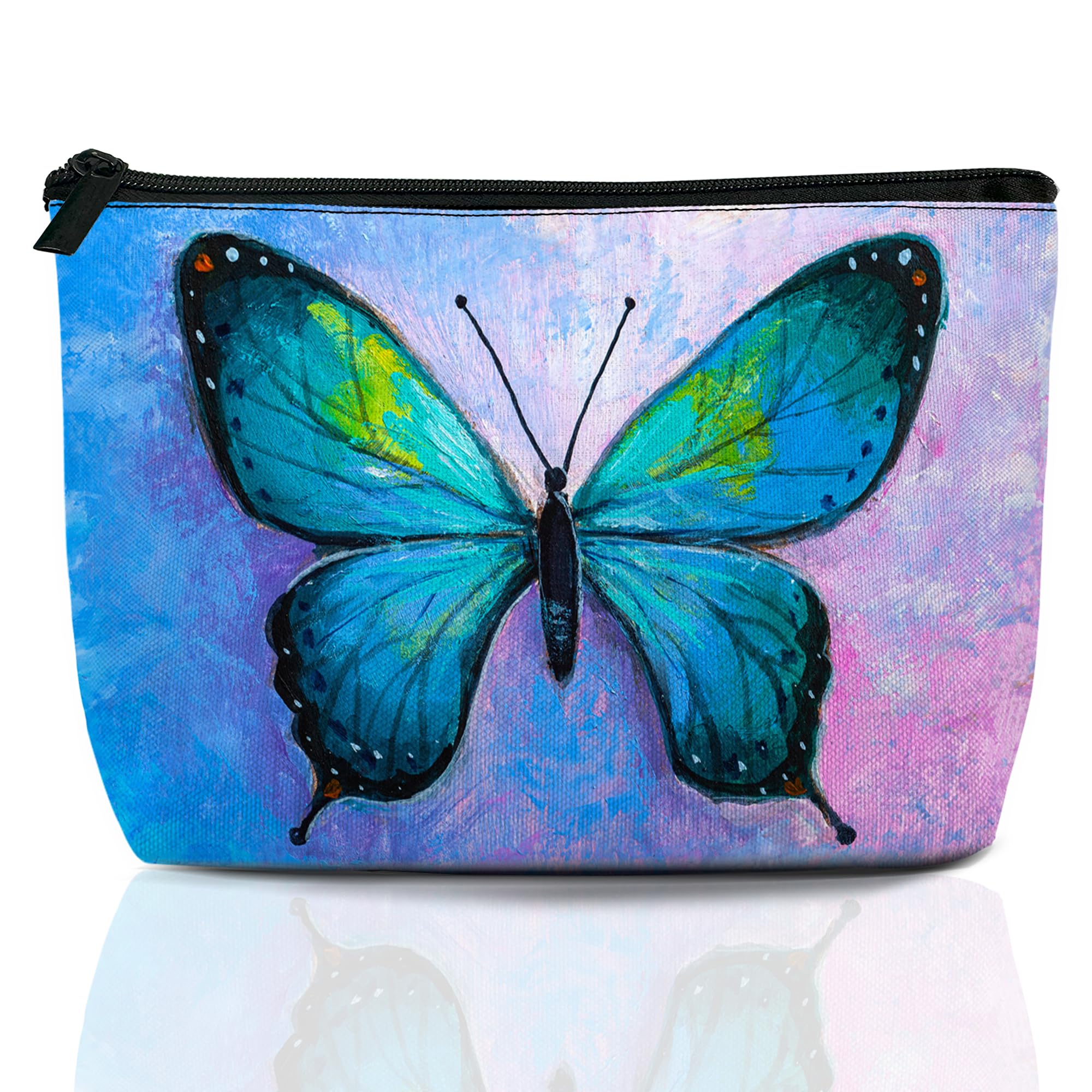 Makeup Bag Blue Butterfly Cosmetic Bags for Women Mini Portable Abstract Watercolor Travel Toiletry Bag Organizer Make up Brushes Aesthetic