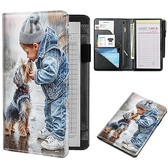 Server Books for Waitress Cute Waitress Book PU Leather Server Book with Zipper Wallet Black Serving Book Organizer Fit Server Apron,Little Boy and Dog