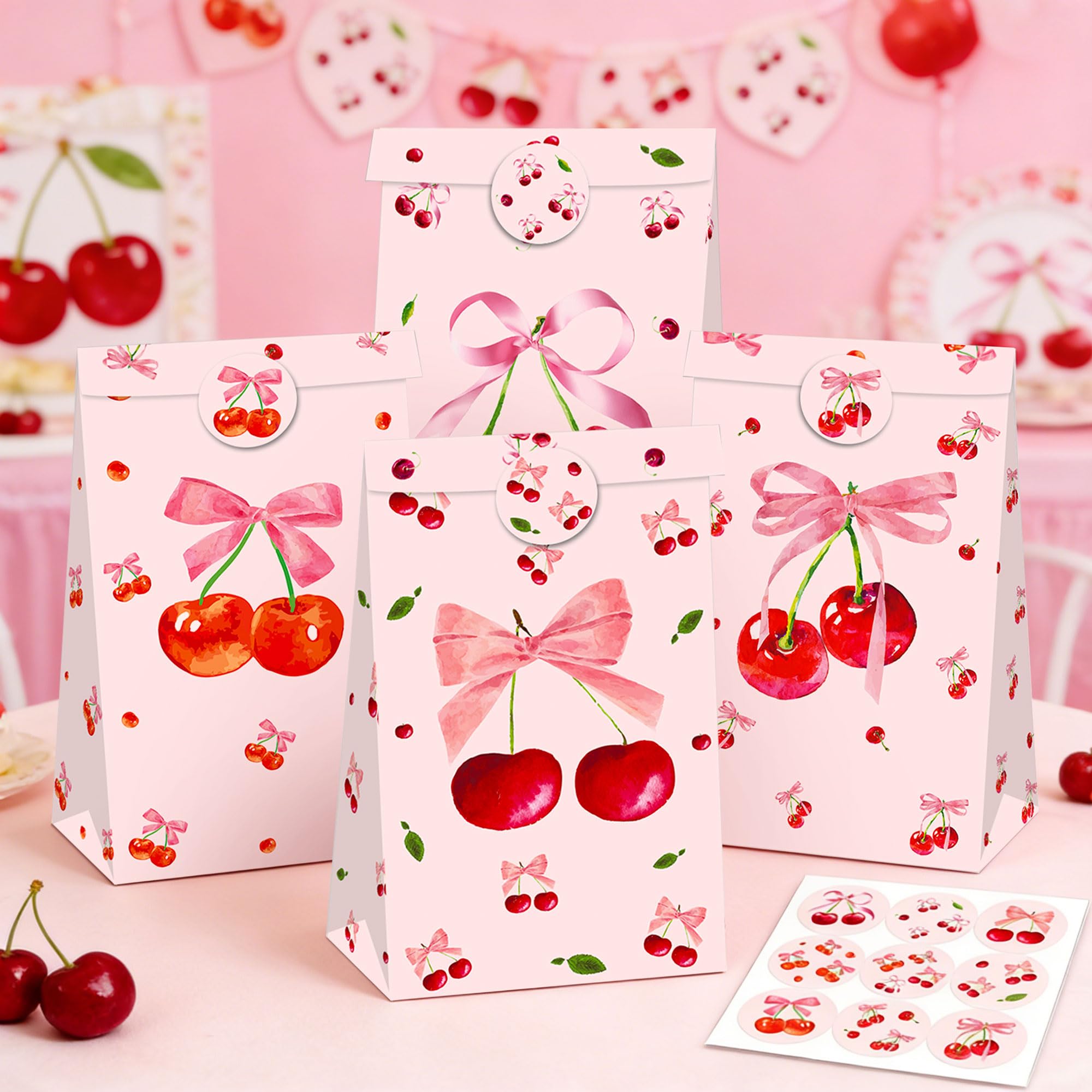 12PCS Cherry Themed Party Favor Bags with Stickers Shes Cherry On the Top Candy Treat Goodies Bags for Bridal Shower Girls Baby Shower Birthday Wedding Party Supplies