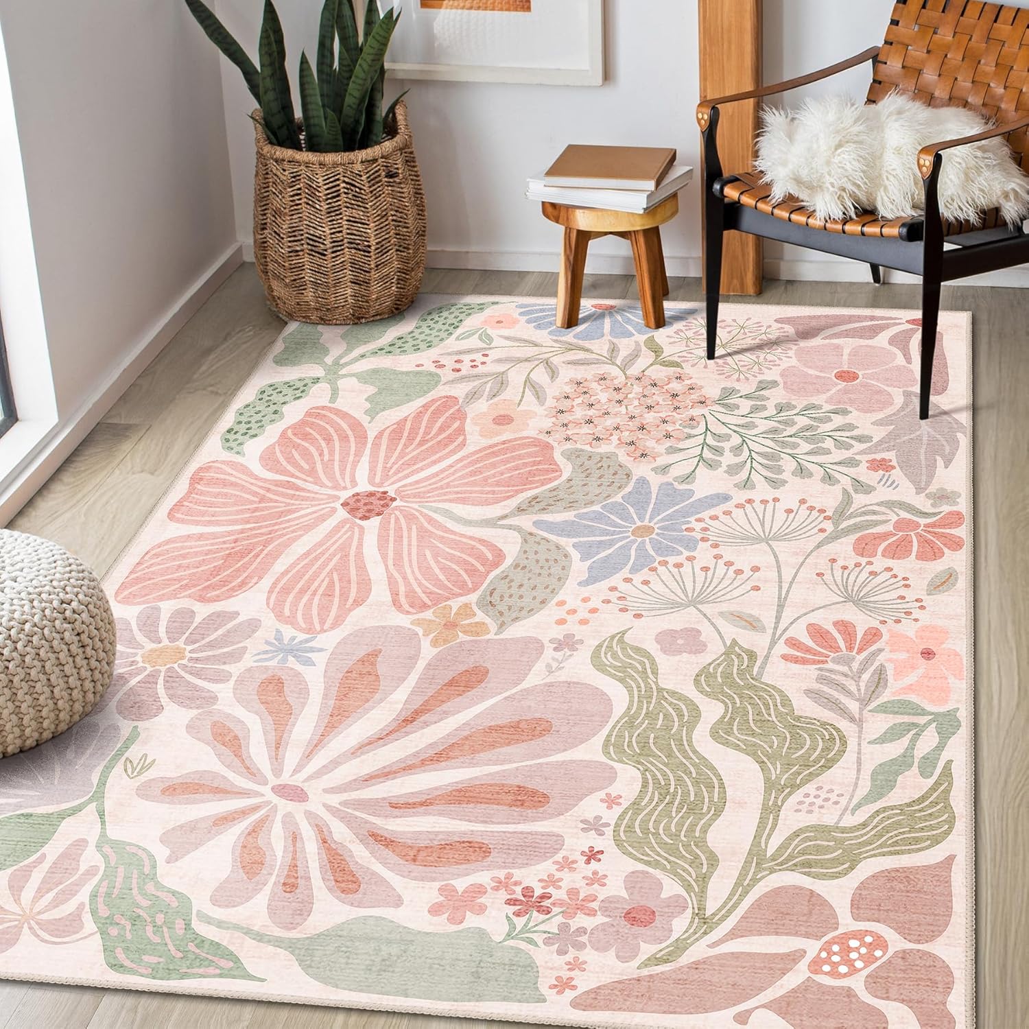 MUJOO Pink 3x5 Washable Rugs,Floral Large Area Rug for Entryway Kitchen Foyer,Small Throw Carpet for Bedroom Bedside Office Indoor Non Slip Boho Modern Abstract Botanical Flower