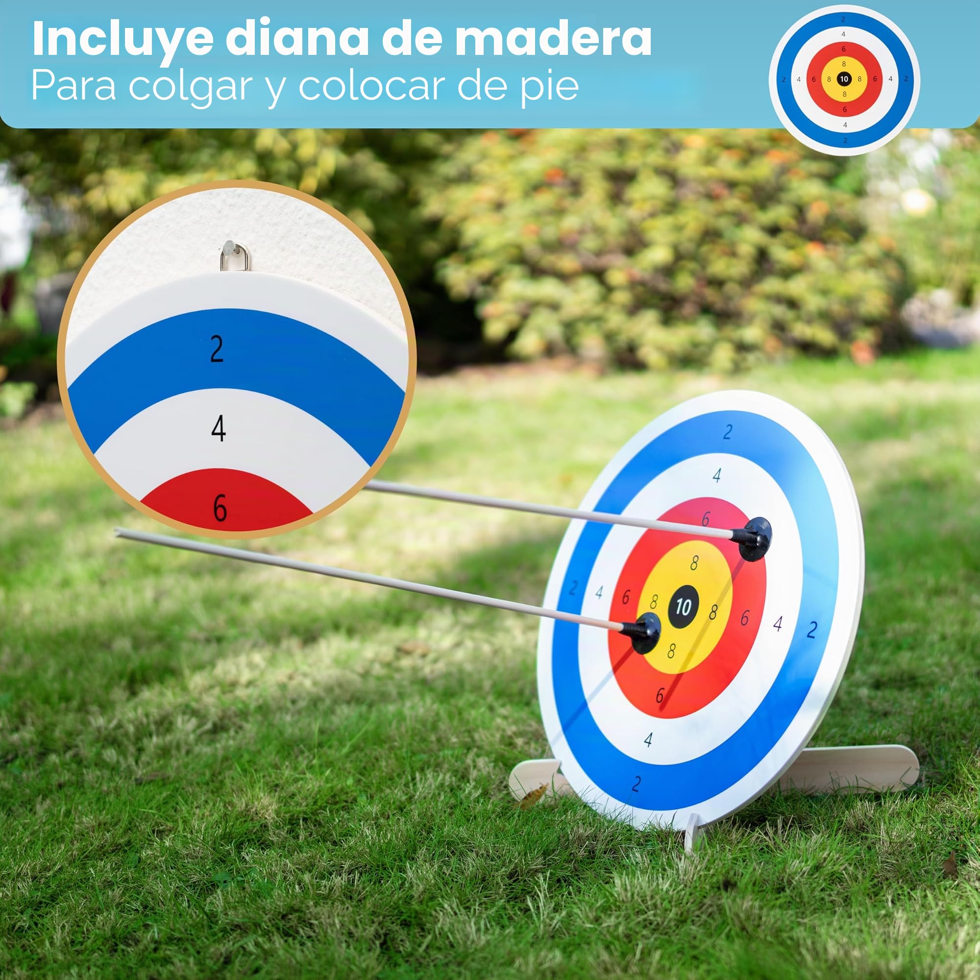 BOWRILLA® Set de flecha y arco para niños con 4 flechas de ventosa, objetivo de madera y aljaba | Juego de tiro con arco para niños para juegos de interior y exterior a partir de 5 años | Para