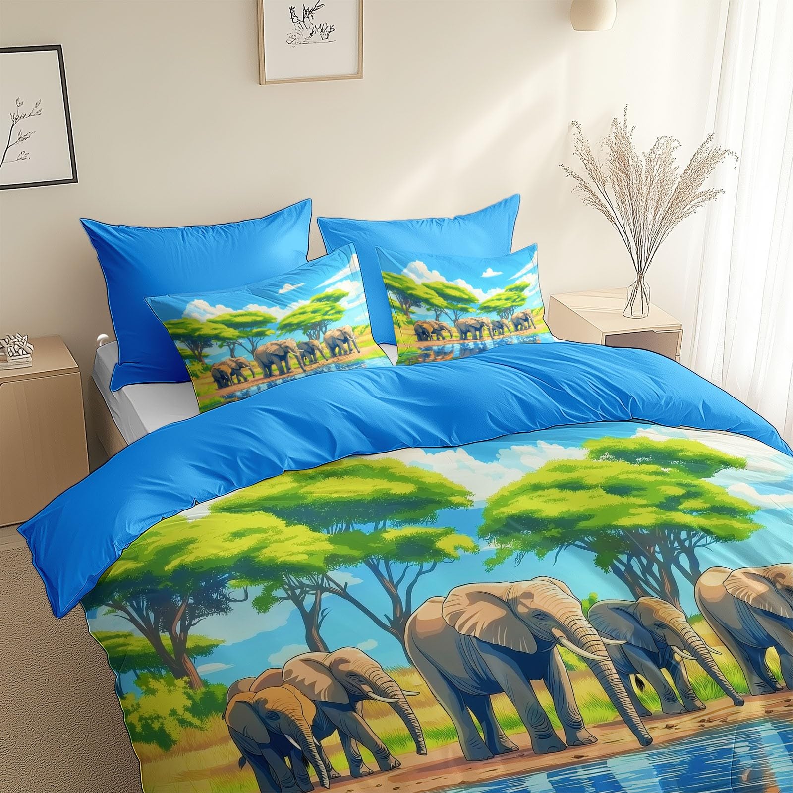 Juego de Funda Nórdica Cepillado Cama 105-200 x 200 cm Animal De Pradera Elefante, Ropa de Cama Reversible y Acogedora Azul Celeste, Fundas de Edredón Dormitorios de Niños