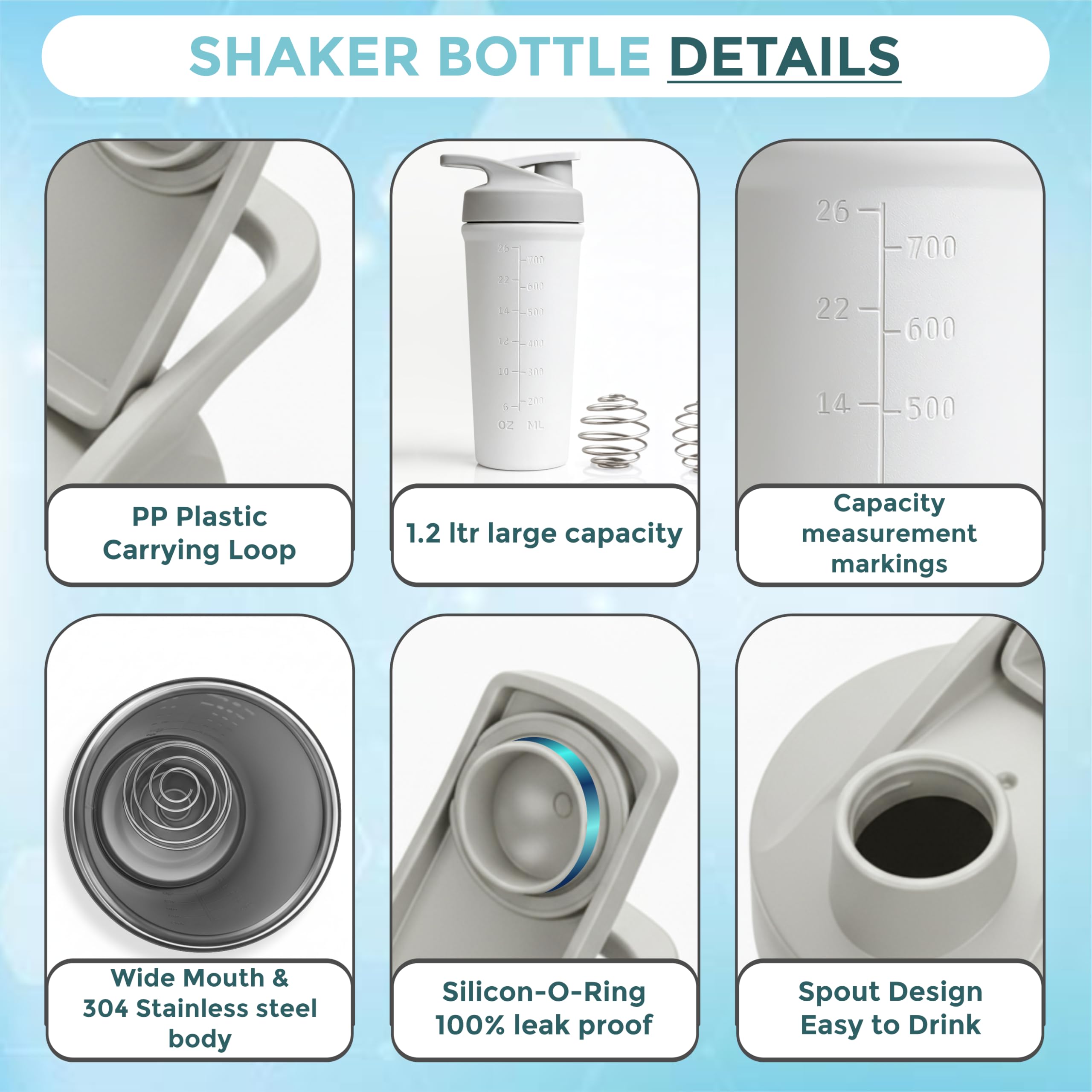 BURRDOFF Steel Performance Pro Shaker for Gym (850ML), Protein Shaker Bottle, Steel Shaker Bottles for Gym Bottle, Metal Shaker for Gym with Measurement (White) — Amazon image 2