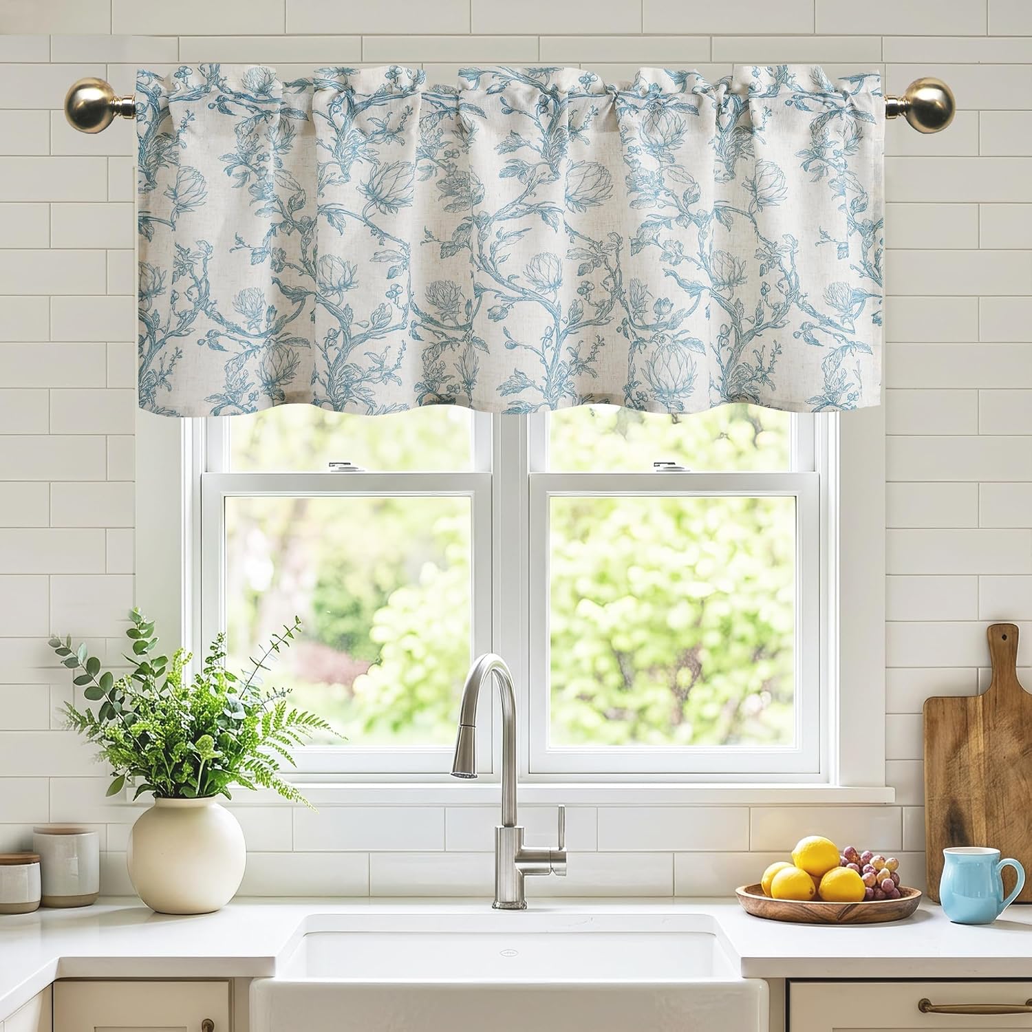 JIUZHEN Linen Valance Curtain 52x14 Inch, Blue Protea Line, 1 Panel