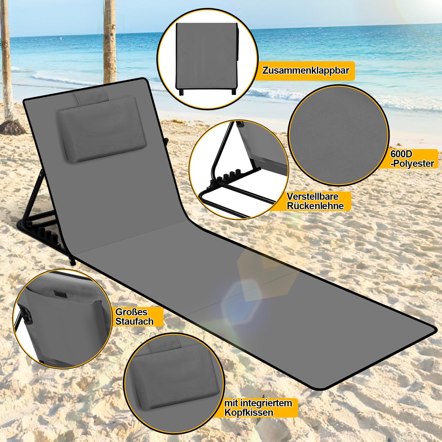 Lot de 2 tapis de plage pliables de 158 cm, dossier réglable sur 5 niveaux, avec oreiller et compartiment de rangement, portable, chaise longue pliable pour camping, gris