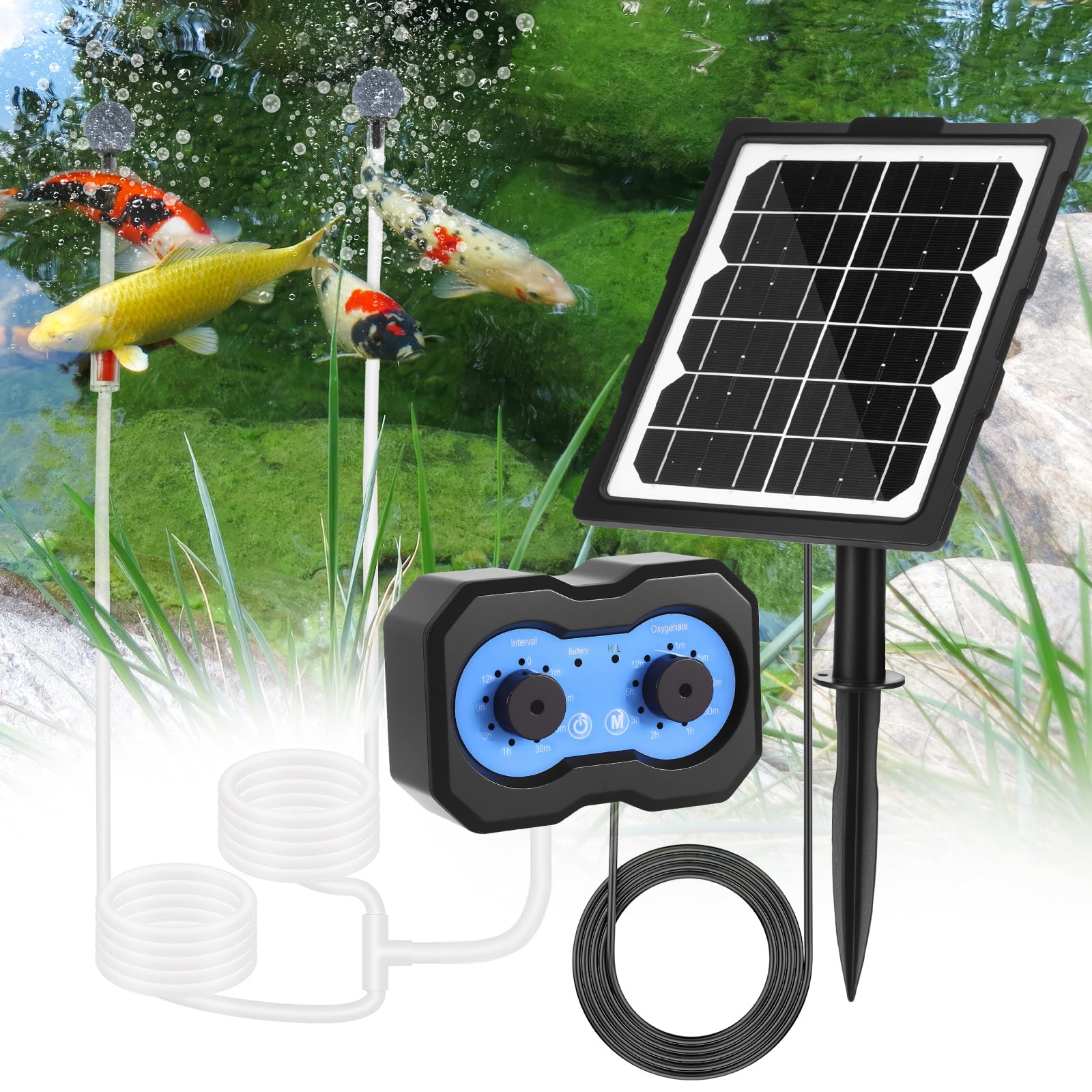 Solar Pond Aerator, Solar Air Pump with 2 Air Stone, 6V/3W Solar Pond Aerator, Aquarium Air Pump, 72 Timed Oxygenation Modes, Fish Pond Accessories for Garden Fish Tank Outdoor Pool Pond