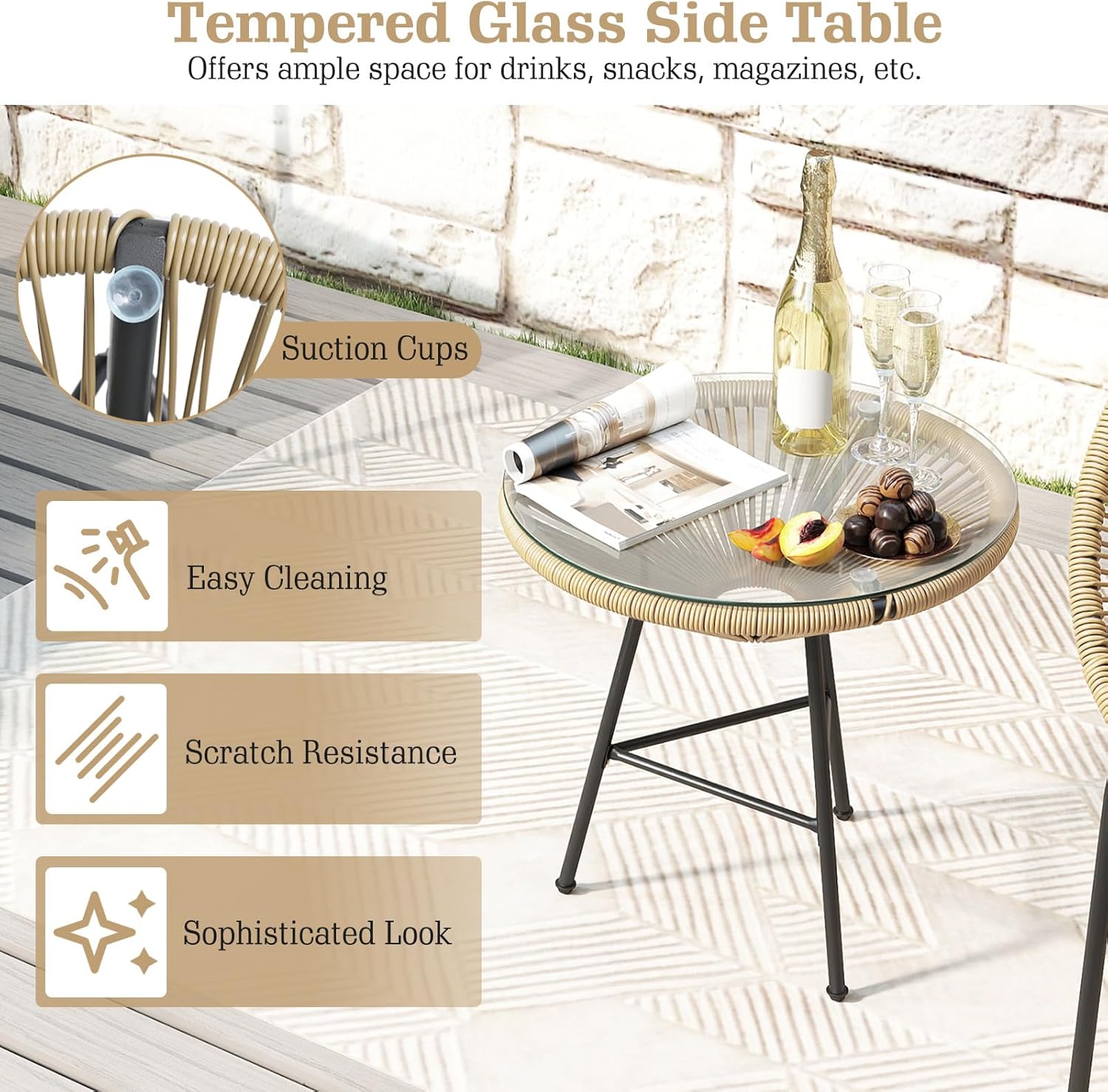 Tangkula 3 Piece Outdoor Patio Furniture Set, Acapulco Chair Set w/Plastic Rope, Tempered Glass Table, All Weather Patio Bistro Set for Patio, Lawn, Garden, Backyard (Brown)