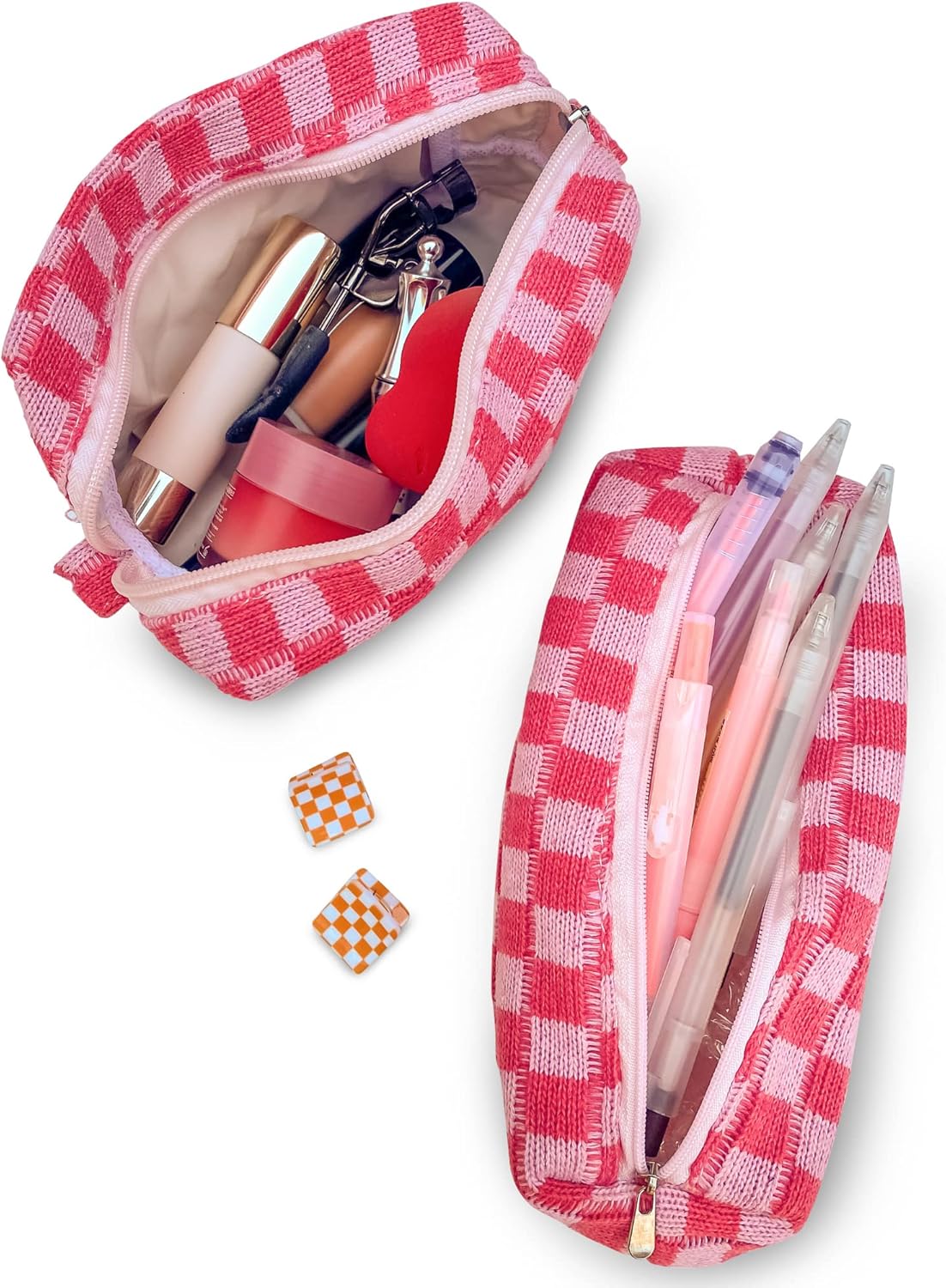 Chill & Peachy Makeup & Cosmetic Bag Set for Women + 2 FREE Mini Claw Hair Clips with 1 Large Capacity Bag & 1 Pencil Case Bag - Great for Toiletry Brushes Storage & Travel (Black/White)