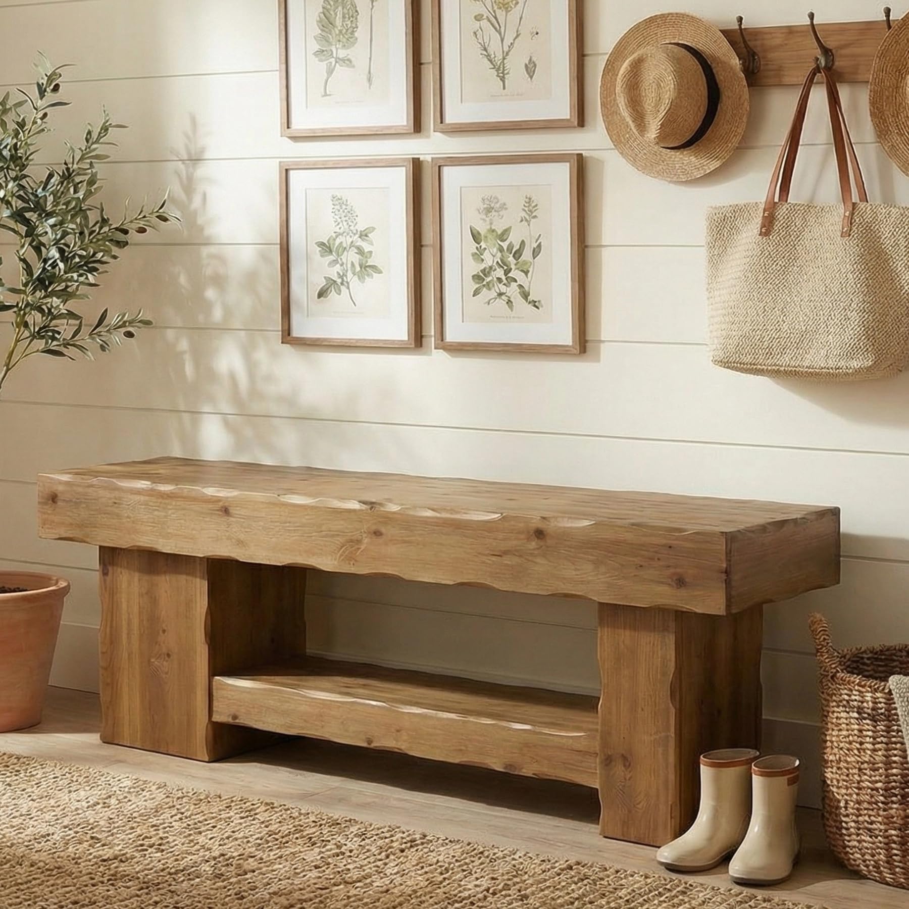 Solid Wood Bench 63" Two Tier Entryway Shoe Rack Bench, End of Bed Bench with Storage, Rustic Wood Bench for Bedroom, Hallway, Living Room, Kitchen, Dining, Rustic Brown