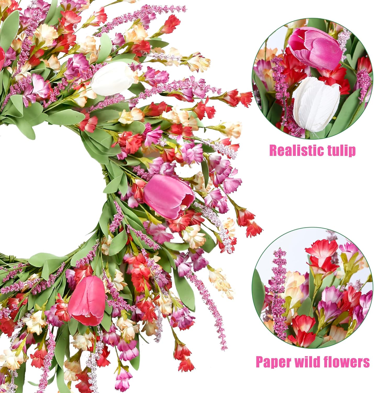 Sggvecsy Spring Summer Wreath for Front Door 22 Inch Artificial Colorful Flower Wreath with Colorful Tulips Greenery Leaves Lavender for All Seasons Home Farmhouse Indoor Outdoor Wall Decor (Mixed) - Image 6