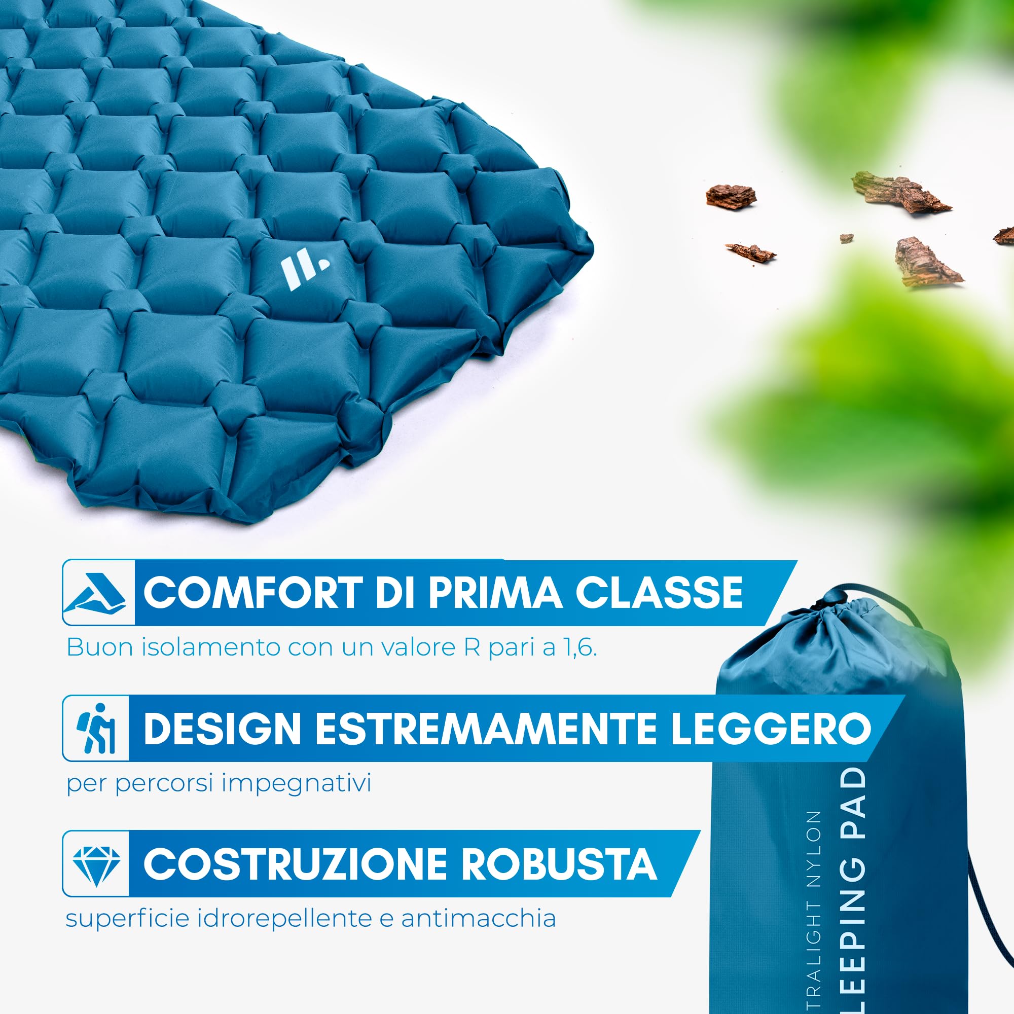 NORDMUT® Materassino Ultralight [con Kit di Riparazione] – Materasso Gonfiabile da Campeggio, Compatto – Materassino Outdoor Impermeabile per Tenda & Festival (Blu)