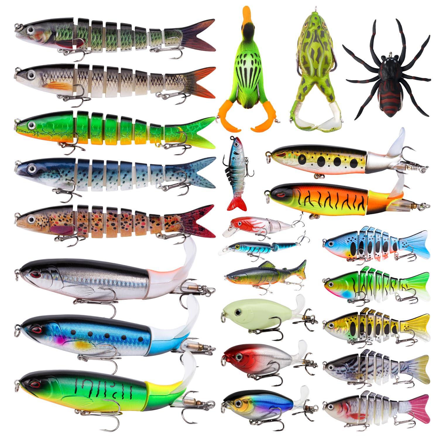 TSKS Kit de 25 señuelos de pesca para lubina, lucio, pez lucio, trucha, lucioperca, trucha, incluye cebos multiarticulados, pato, araña, ranas, peces suaves y con hélice giratoria flotante, señuelos
