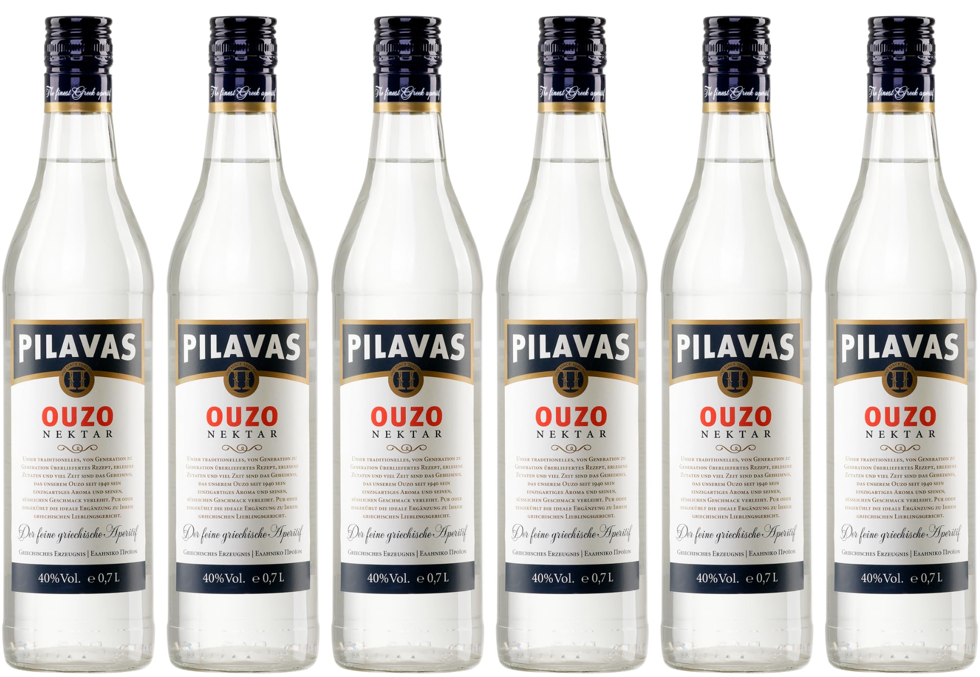 Ouzo Pilavas Nektar 6x 0,7l 40% Vol. | Milder Ouzo aus Patras | + 20ml Jassas Olivenöl