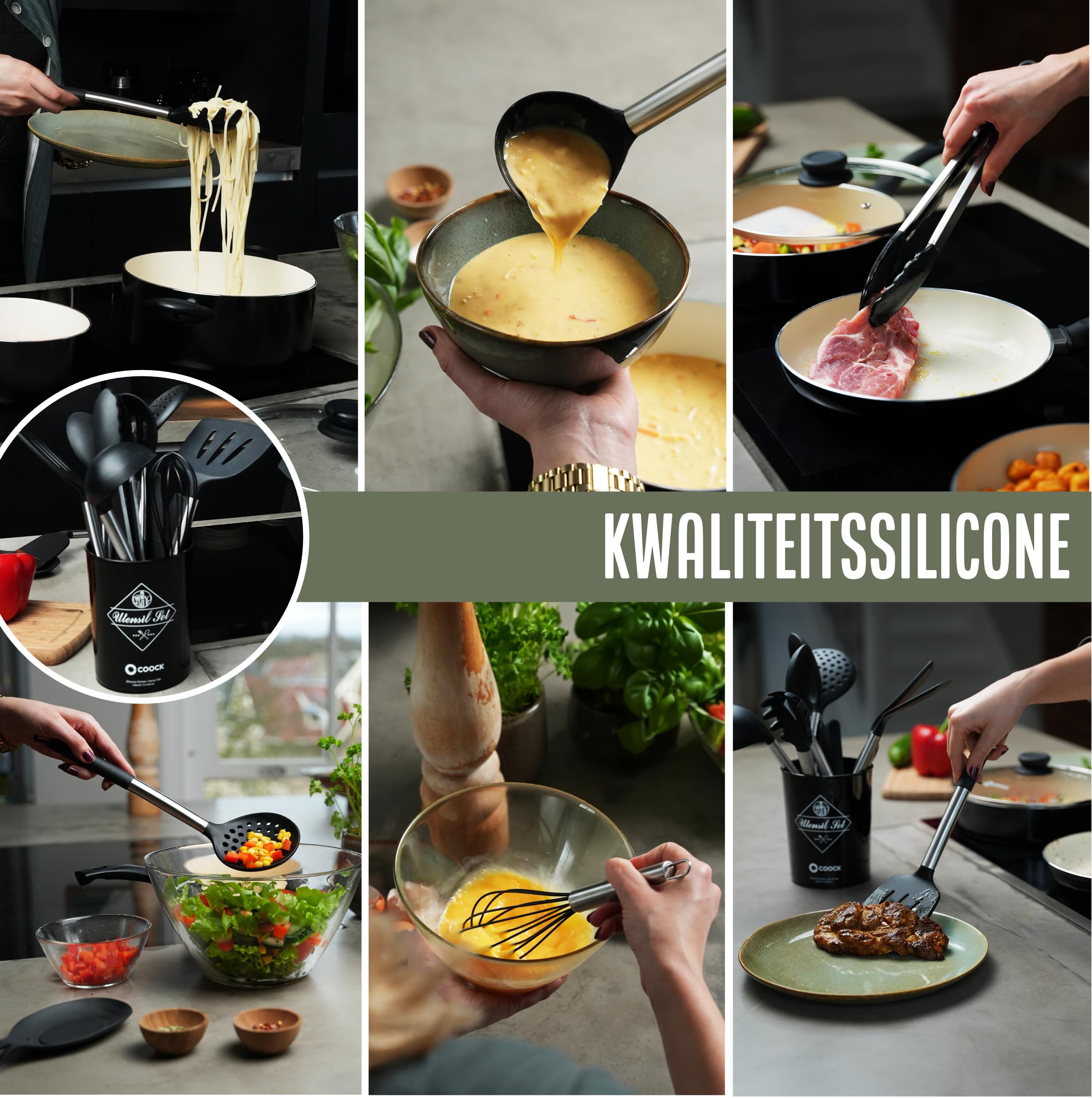 Set di 26 utensili da cucina XL con supporto – nero | Strumenti in silicone resistenti al calore e supporto in acciaio inox senza BPA, lavabili in lavastoviglie, sicuri antiaderenti, di alta