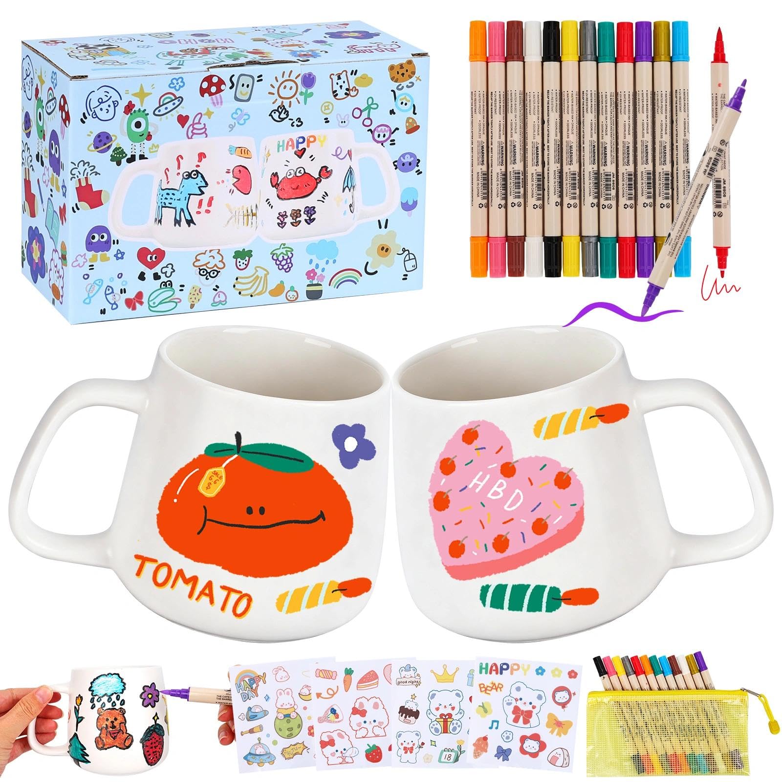 Zestaw do malowania ceramiki, 2 puste kubki ceramiczne o pojemności 400 ml do malowania, 12 kolorowych pisaków porcelanowych z podwójną końcówką i 4 naklejki