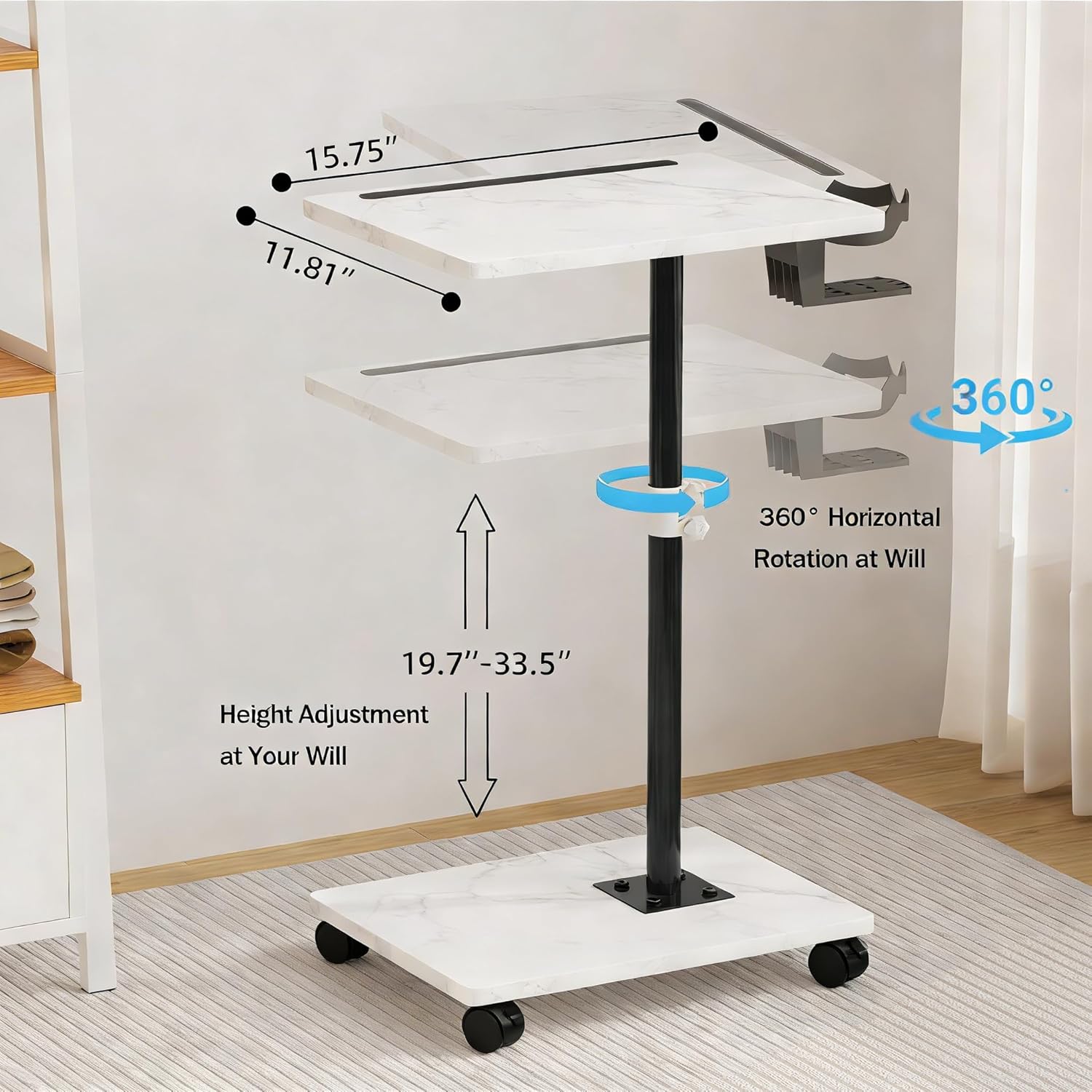 Adjustable TV Tray Table, TV Dinner Table for Eating, C-Shaped TV Trays for Couch, 360°Swivel Side End Table, Slide Under Sofa Snack Table for Bedroom Living Room Small Space (White+Black)