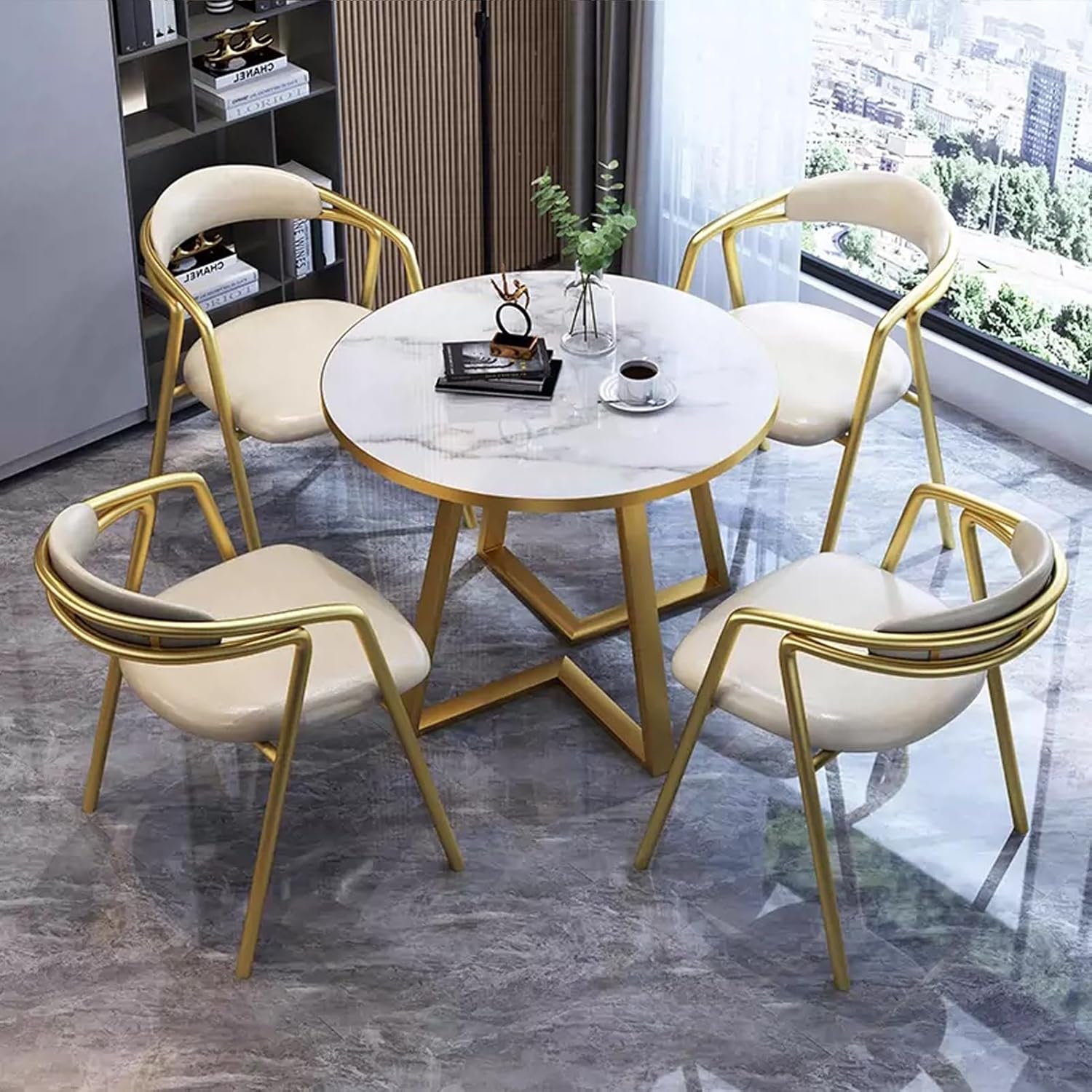 Office Reception Room Club Table with Chairs,Negotiation Table and Chair Set,Conference Table with Chairs Set,Round Dining Table and 4 Chairs,Space-Saving,Suitable F,Off,White A