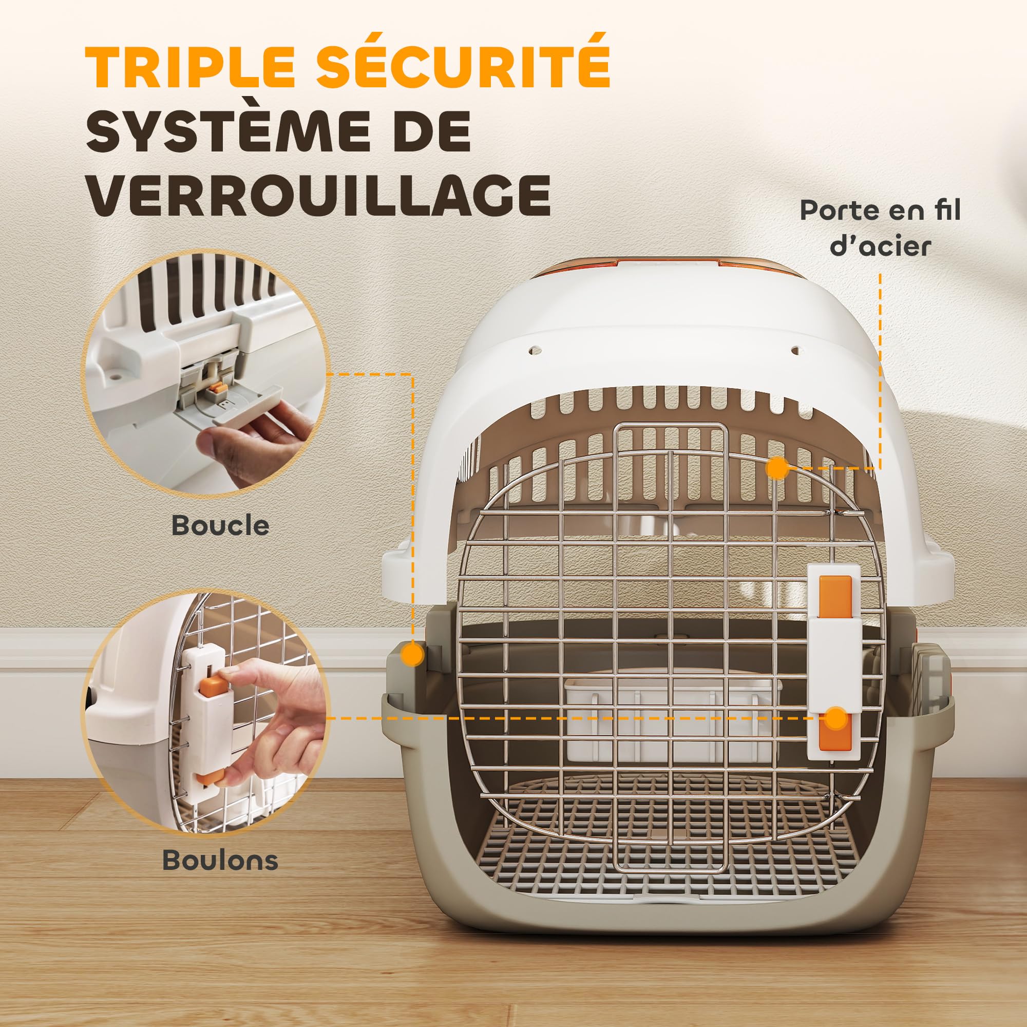 PawHut Caisse de Transport Chat et Chien, Cage de Transport pour Chats et Petits Chiens jusqu'à 4 kg, Porte Acier, Bol de Nourriture, Fermeture sécurisée, 49 x 32 x 31 cm, Gris et crème
