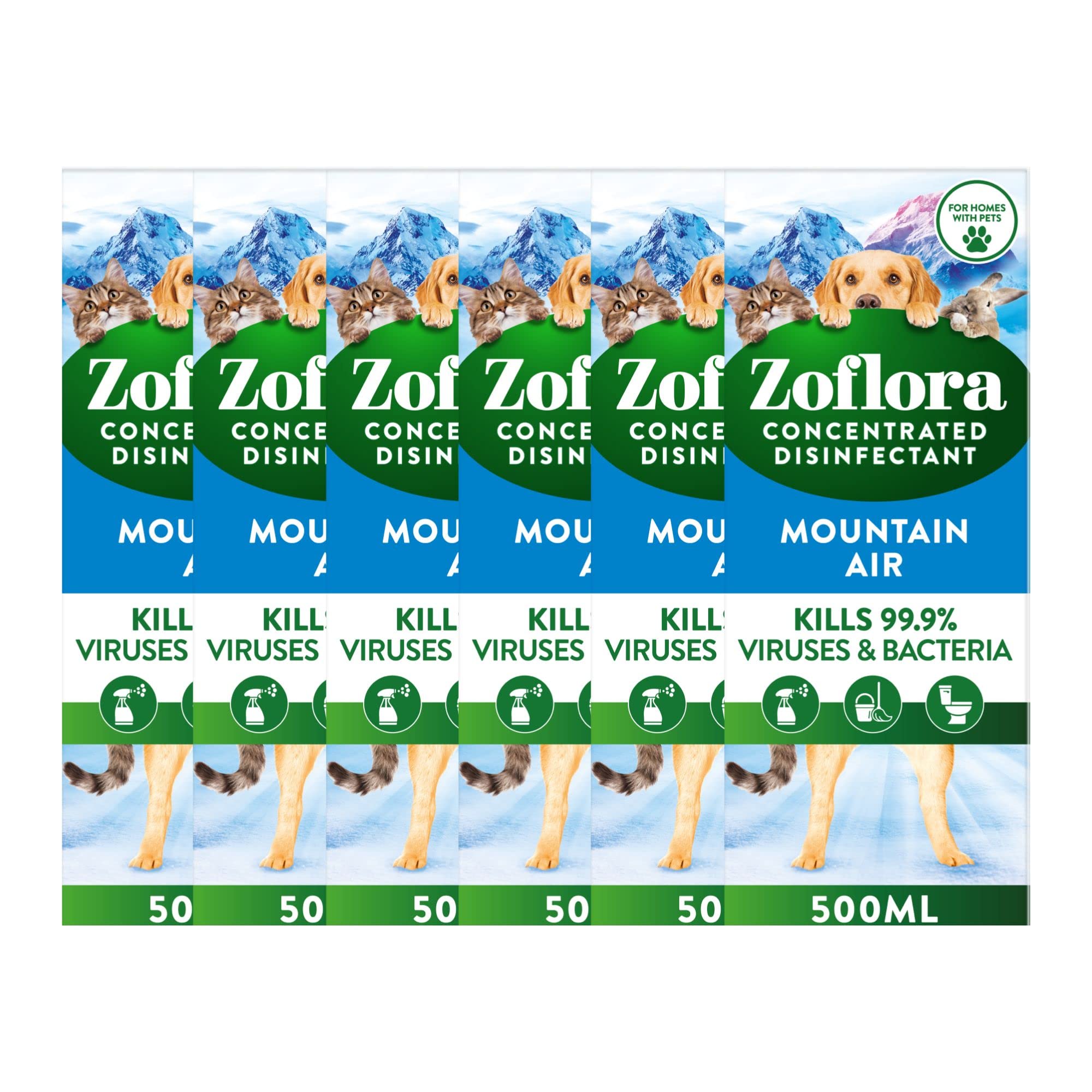 Zoflora Fresh Home Multi-purpose Concentrated Antibacterial Disinfectant, Eliminate Pet Odours 6 x 500ml Bottles - Mountain Air Fragrance