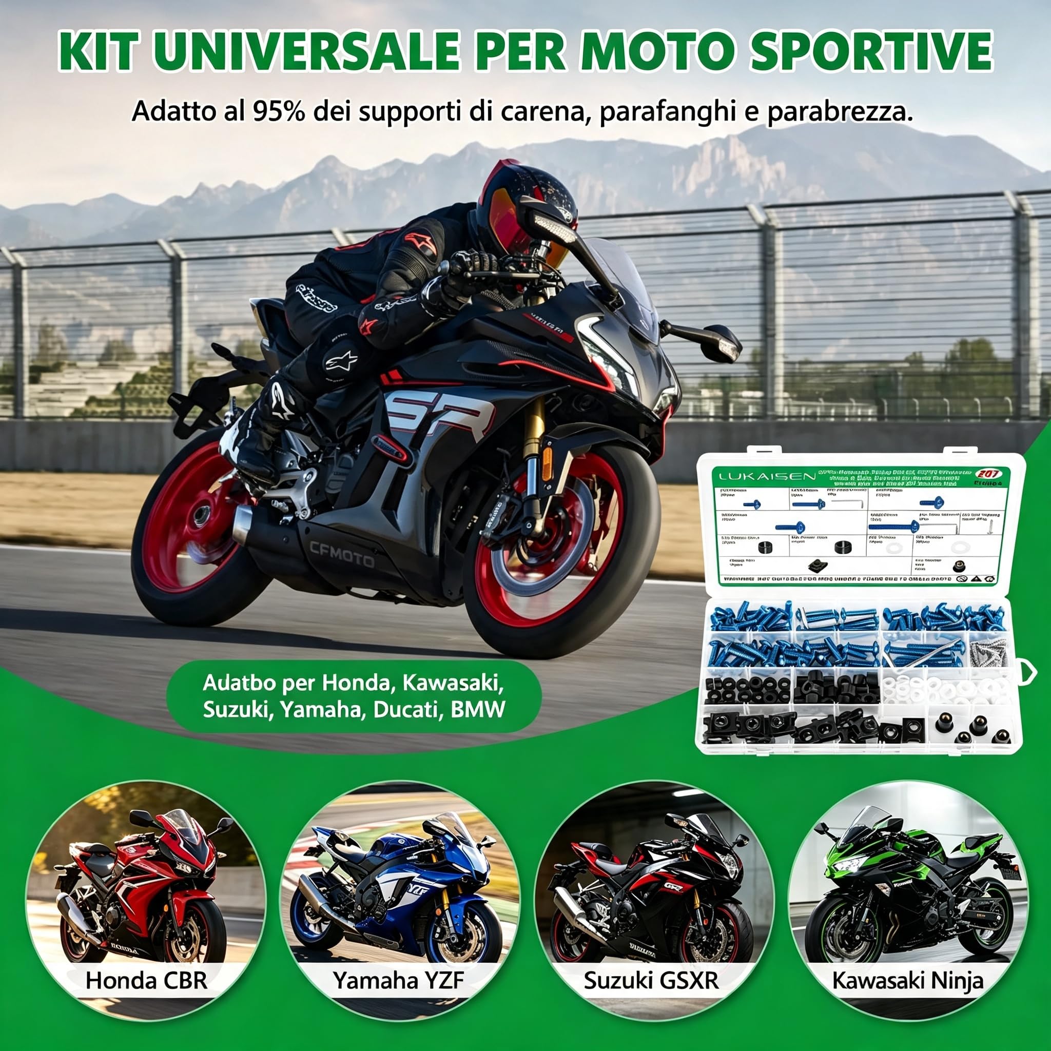 Kit di 207 bulloni per carenatura moto, assortimento di hardware in acciaio inossidabile 304 zincato blu, viti a testa esagonale M5 M6 con clip, dadi e rondelle in nylon per carrozzeria