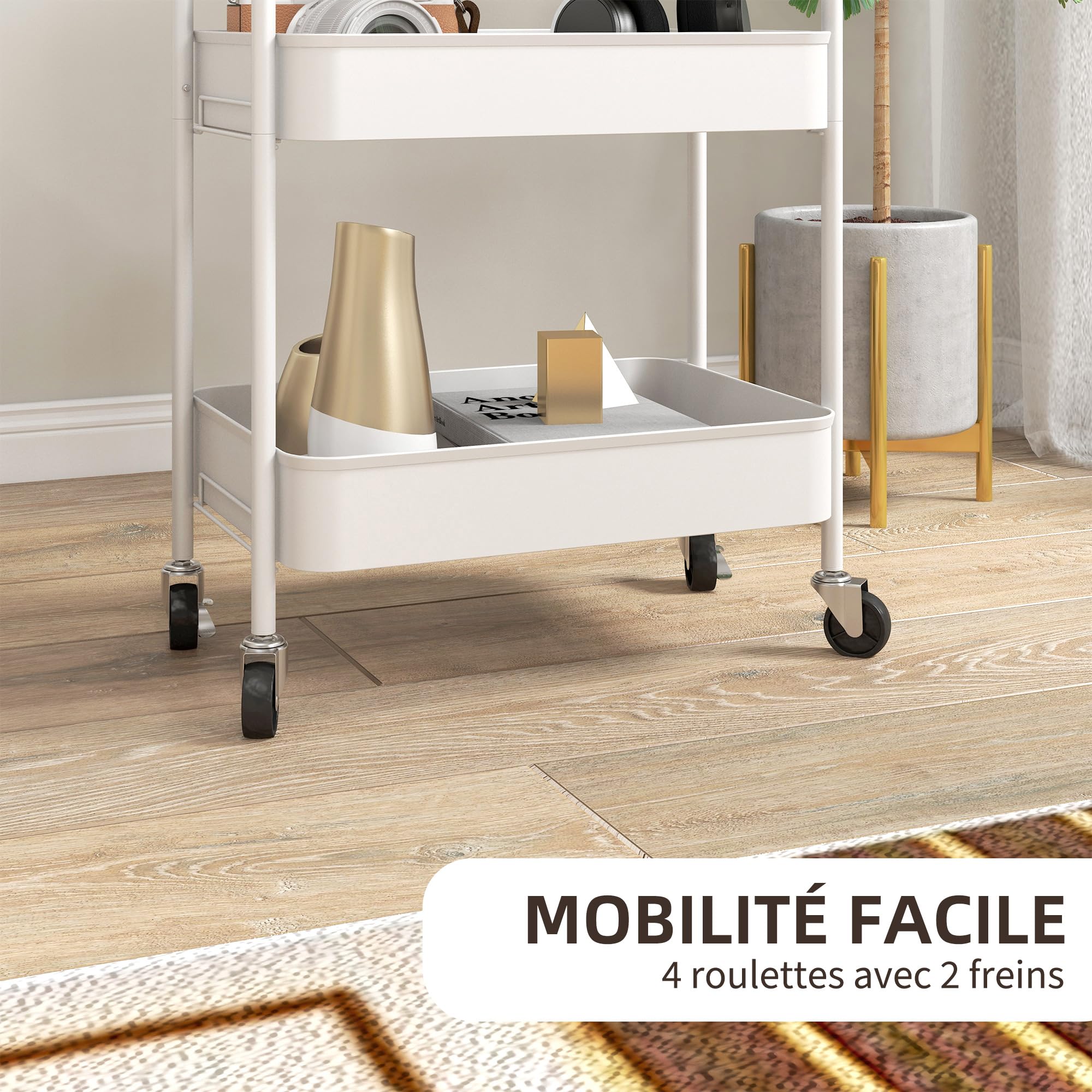 HOMCOM Chariot de Rangement en Acier 3 Niveaux Plateaux ajourés 45 x 30,6 x 79 cm Blanc