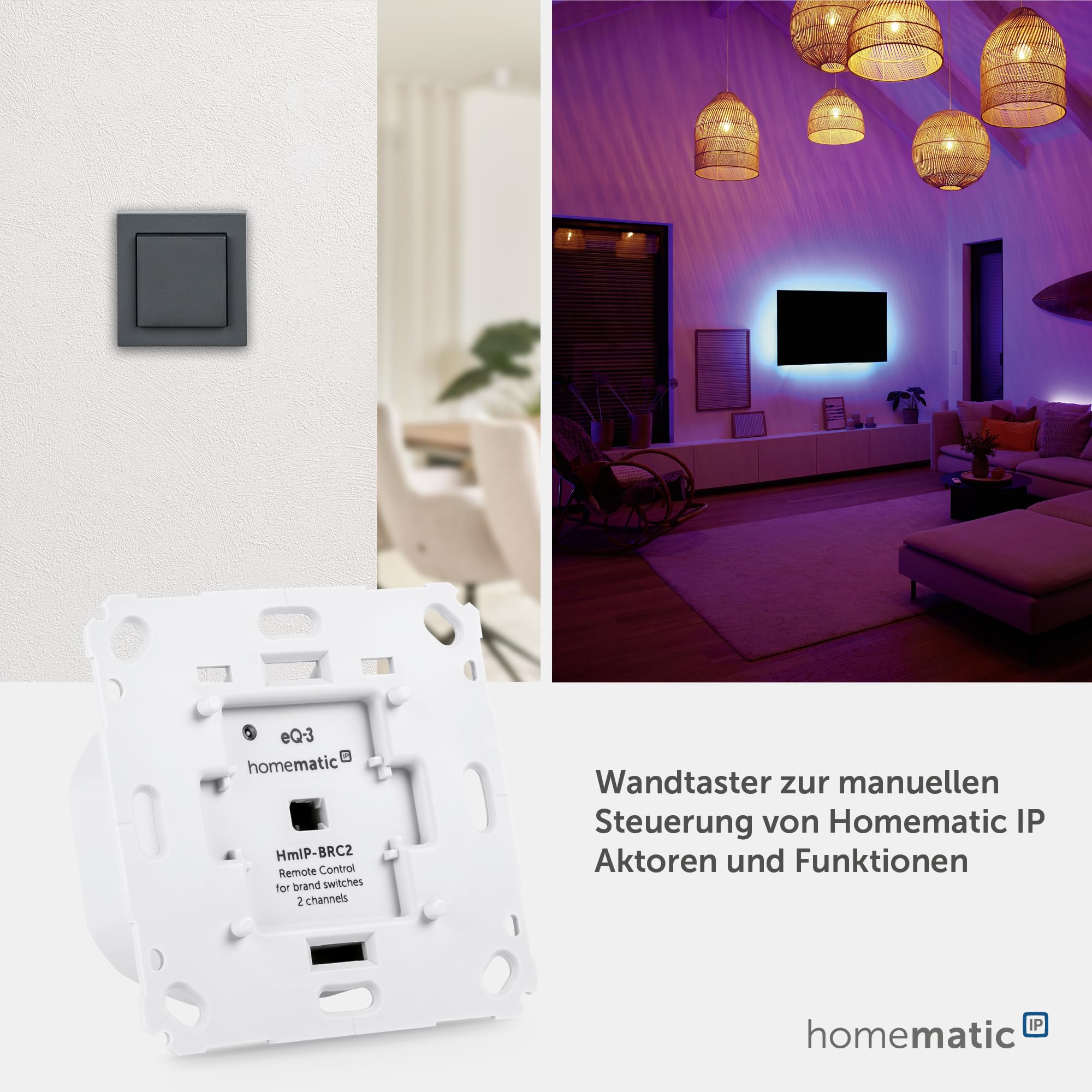 Homematic IP Smart Home Wandtaster für Markenschalter – 2-fach, zwei Tasten schalten Aktoren und Thermostate, Wandschalter, Zubehör für Ihr Homematic IP Smart Home, universell, 152000A0