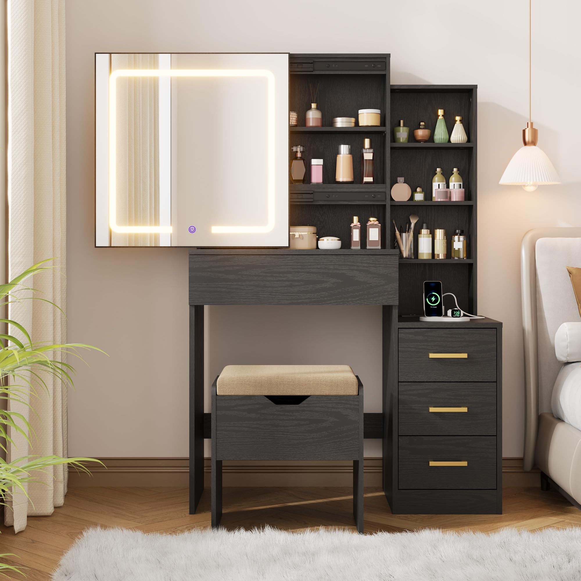 Photo 1 of **POWER CORD IS MISSING, ONLY THE MIRROR** GarveeHome Makeup Vanity Desk with Sliding Mirror, Vanity Dressing Table with 3 Color Adjustable Lights, Girls Vanity Set with Stool, 4 Compact Vanity Drawers, Power Outlet, Black