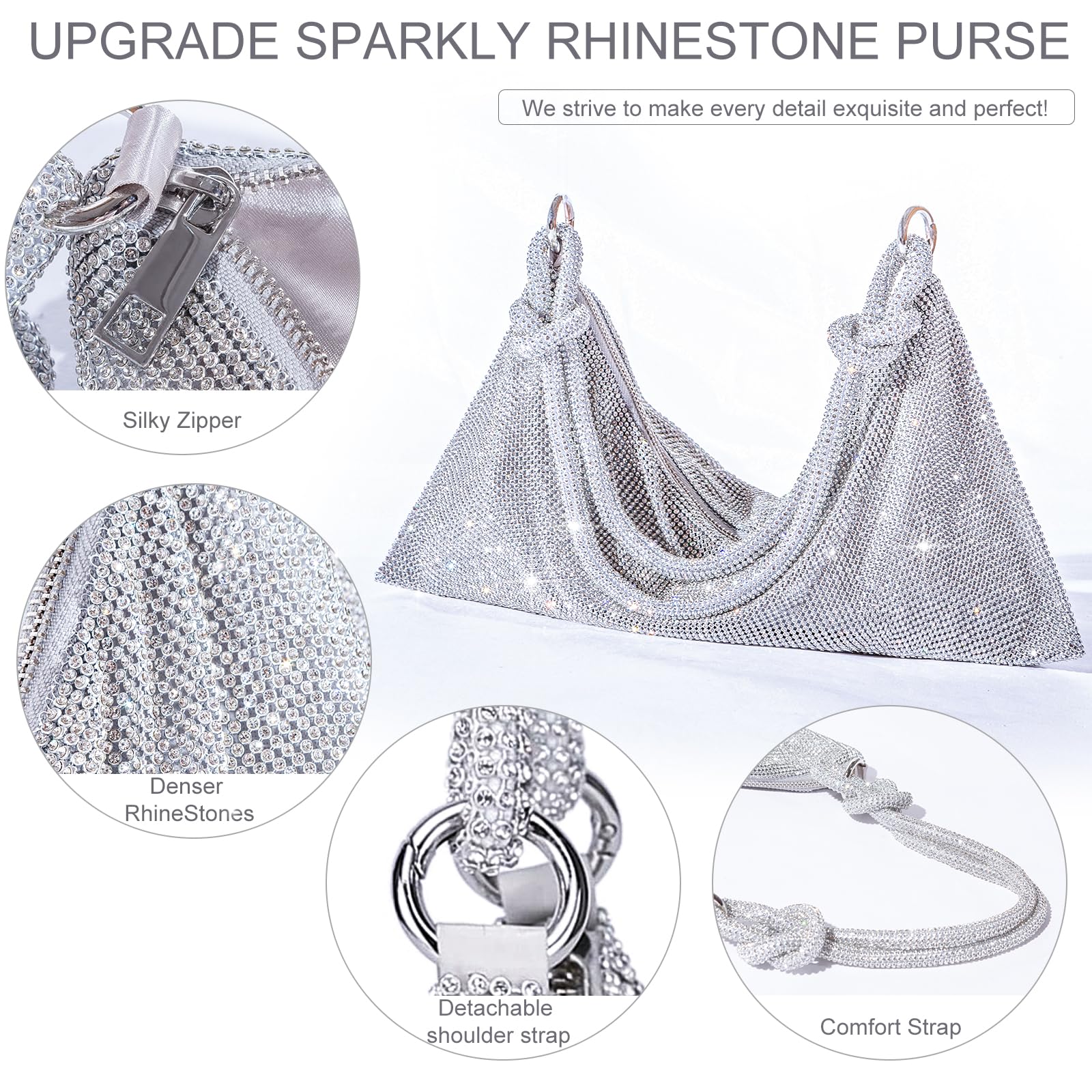 TOPALL Clutch błyszcząca damska srebrna torebka wieczorowa, torebka z diamentami na ramię, srebrna, elegancka z zamkiem błyskawicznym, kamienie strasu, kopertówka, torebka na ramię na imprezę, czas