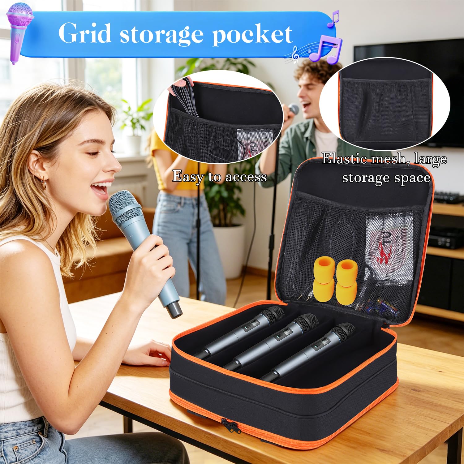 Custodia per microfono senza fili, con 8 scomparti, custodia portatile per microfono, con protezione in EVA, per canto, karaoke, feste (solo custodia)