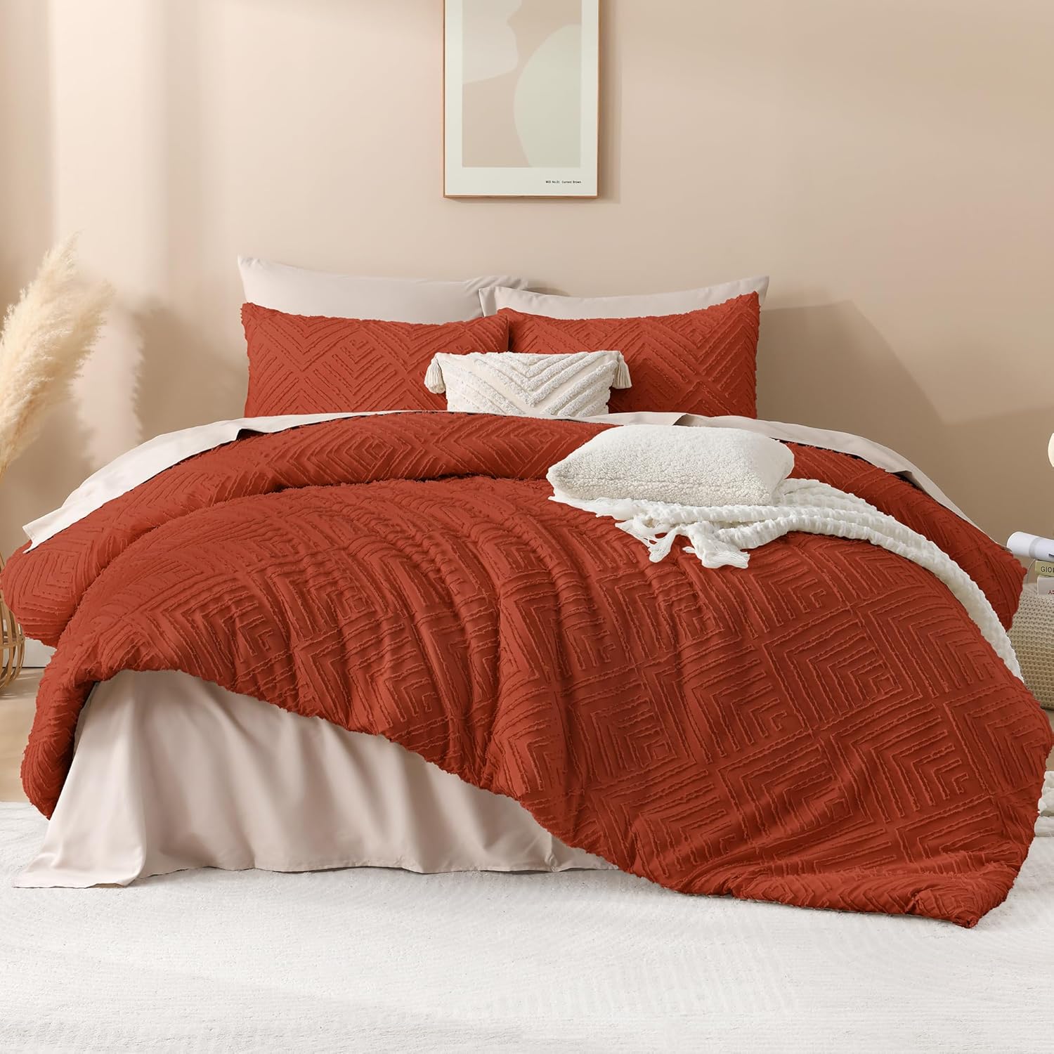 Andency Burnt Orange Oversized King Comforter 128''x120'', 3 Pieces Terracotta Soft Boho Bedding Set & Collections, All Season Farmhouse Tufted Fluffy Bed Set (1 Comforter, 2 Pillowcases) 04 - Terracotta Super King Plus (128"x120")
