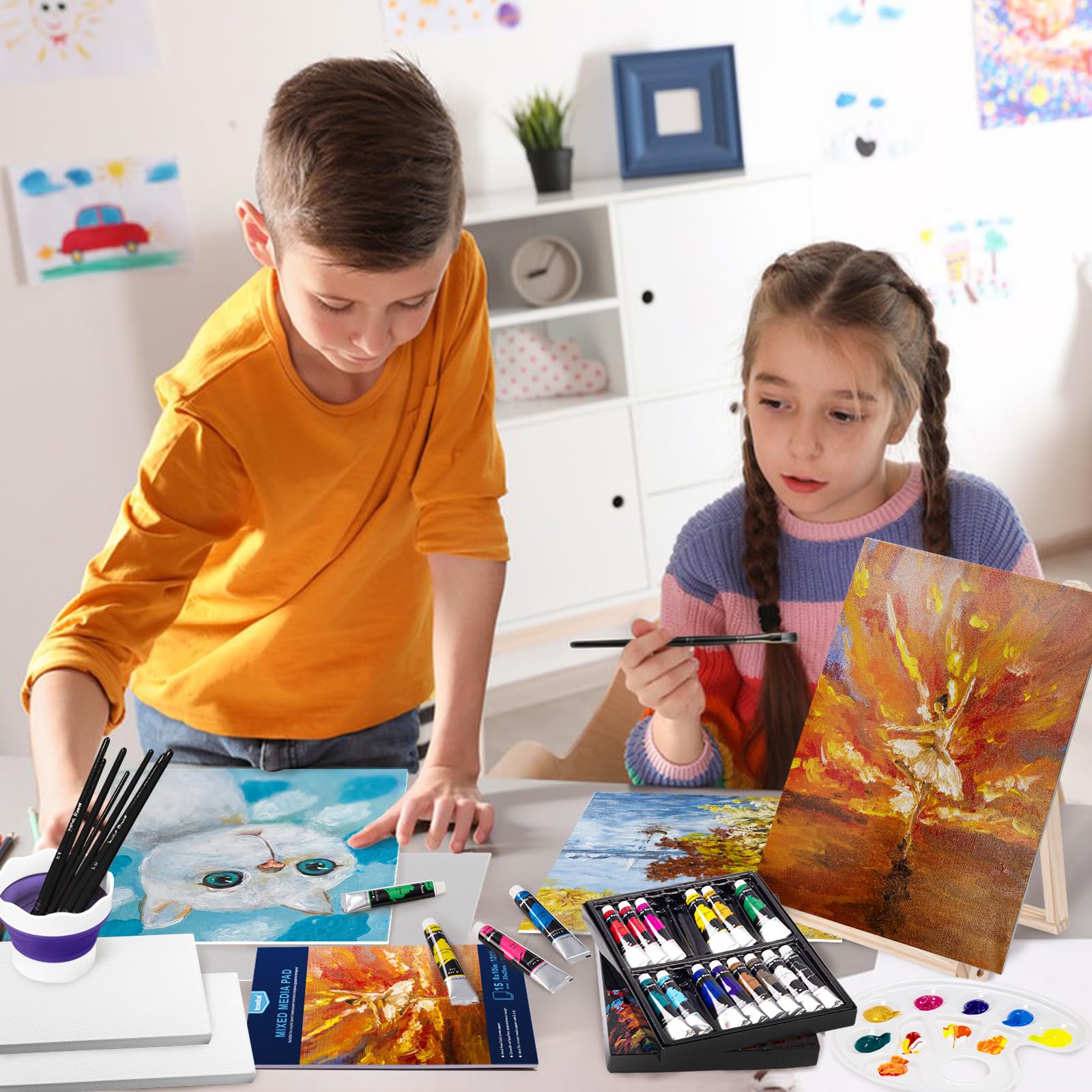 koseibal Juego de pintura acrílica para adultos y niños, kit de 37 piezas de pintura acrílica de 18 colores, 8 pinceles de pintura, 6 paneles de lienzo, caballete de madera, paleta, almohadilla de