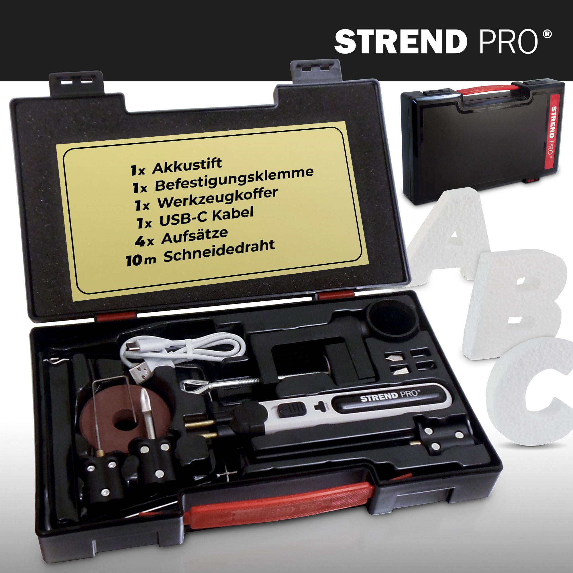 STREND PRO Styroporschneider heißdrahtschneider AKKU | 4-in1 Heißer Draht Styroporschneider 550°C für DIY-projekte | plastik koffer, USB-C, 10m Draht, messer adapters | Styropor schneider