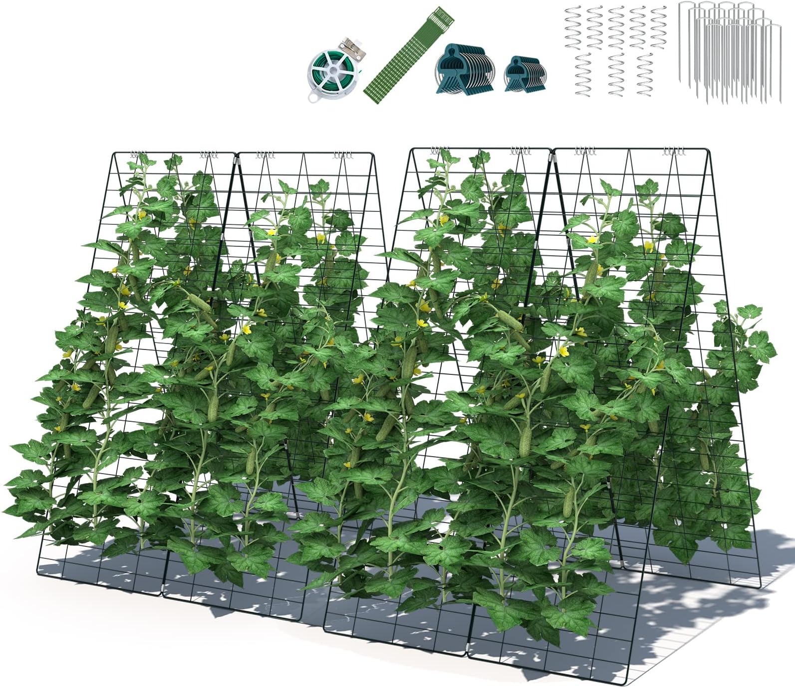 8 Panels Cucumber Trellis, A-Frame Garden Trellis for Plant Climbing, Greenhouse Vegetable Fruit Grow Support with 18 Clips, 16 Ground Stakes, 8 Spiral Connectors, 12 Cable Tie, Twist Tie