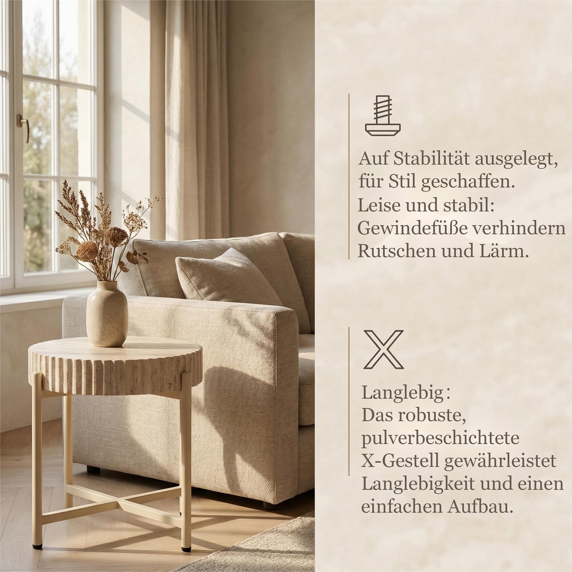 Beistelltische 2er Set, Moderne Metallgestell Beistelltische mit Travertinoptik Tischplatte, Sofatisch für Wohnzimmer, Schlafzimmer und Büro