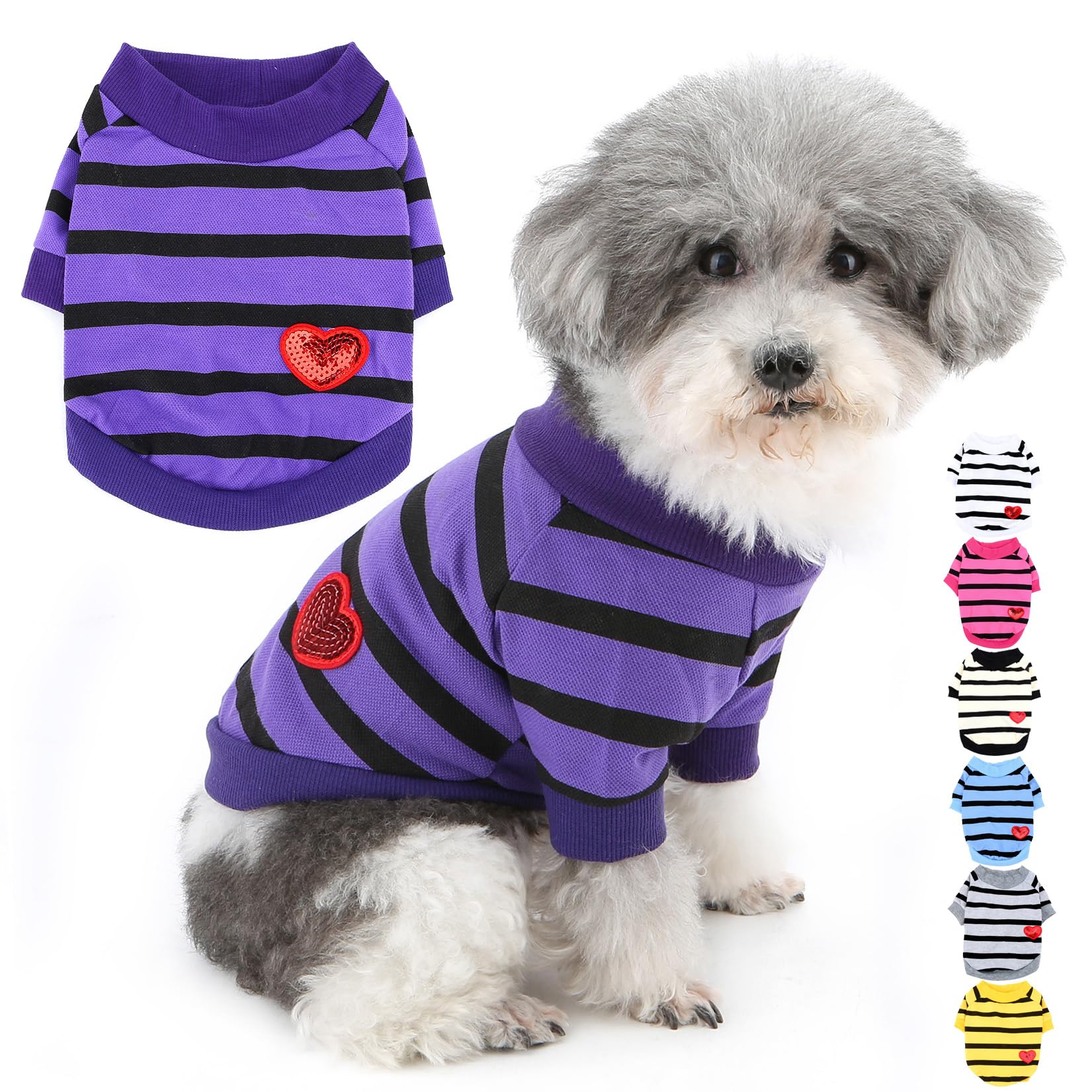 Zunea Dog Shirts for Small Dogs Summer Basic T-Shirt Striped Puppy Clothes Sequins Love Heart Sweatshirt Soft Short Sleeve Tee Shirt Pet Clothing Pullover Chihuahua Apparel Plum S โ image 1