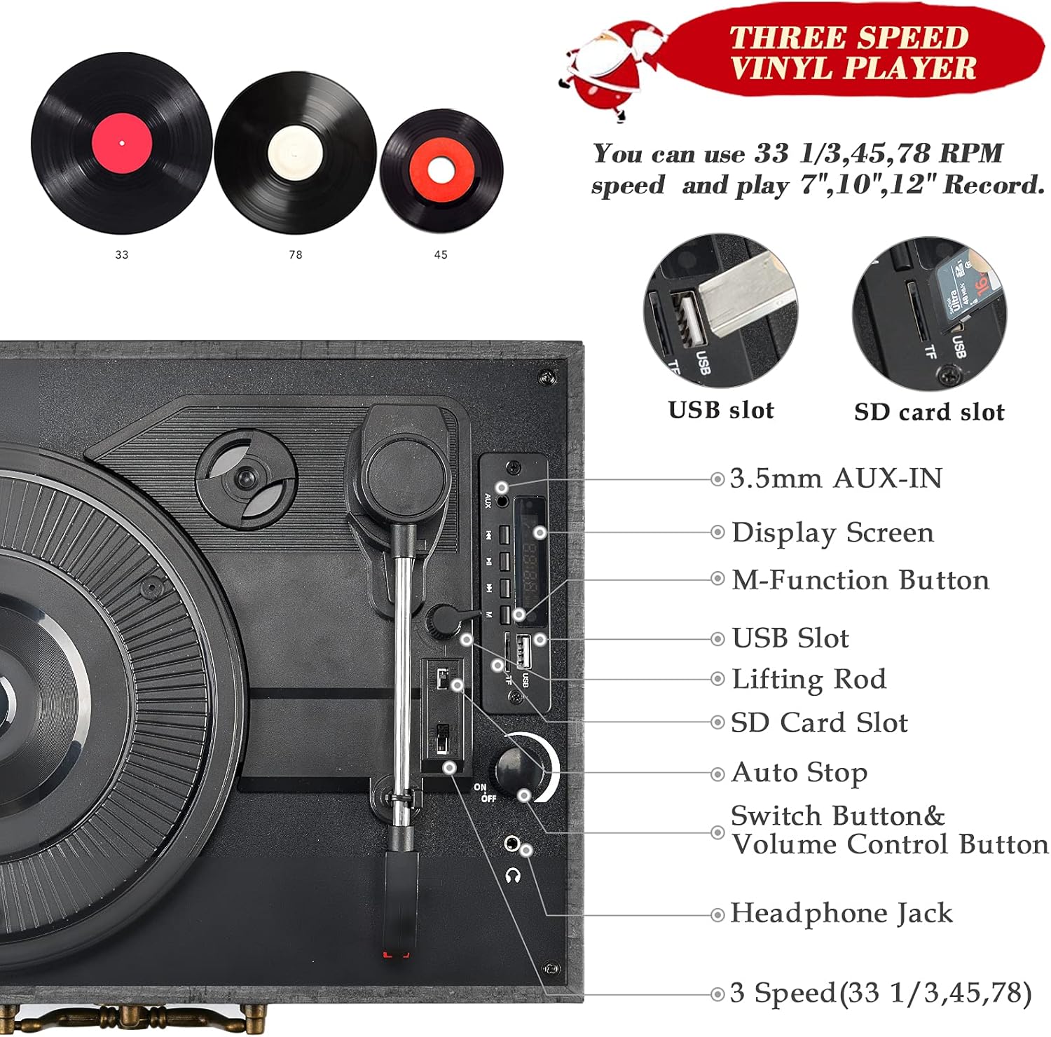 Gеt Dіѕсоunt 70% Prісе Turntable Record Player Portable Wireless 3 Speed Vinyl Record Player with Built-in Speakers Classic Vinyl Player Black Vintage Suitcase Turntable with Speakers Nostalgic Record Player