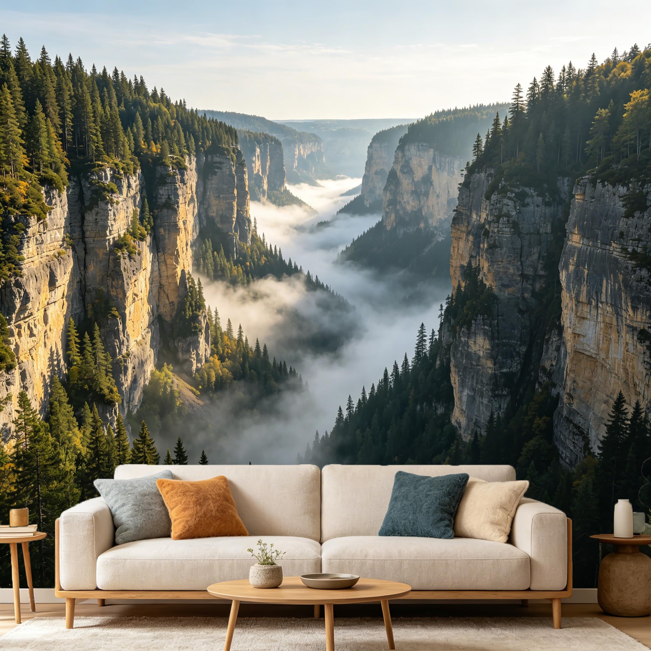 Custom Size Wall Mural， Mountain Lake Landscape Misty Pine Forest Scenic Canyon View， SelfAdhesive Art Prints wall Fabric Removable Large Wallpaper Home Living Room Decor