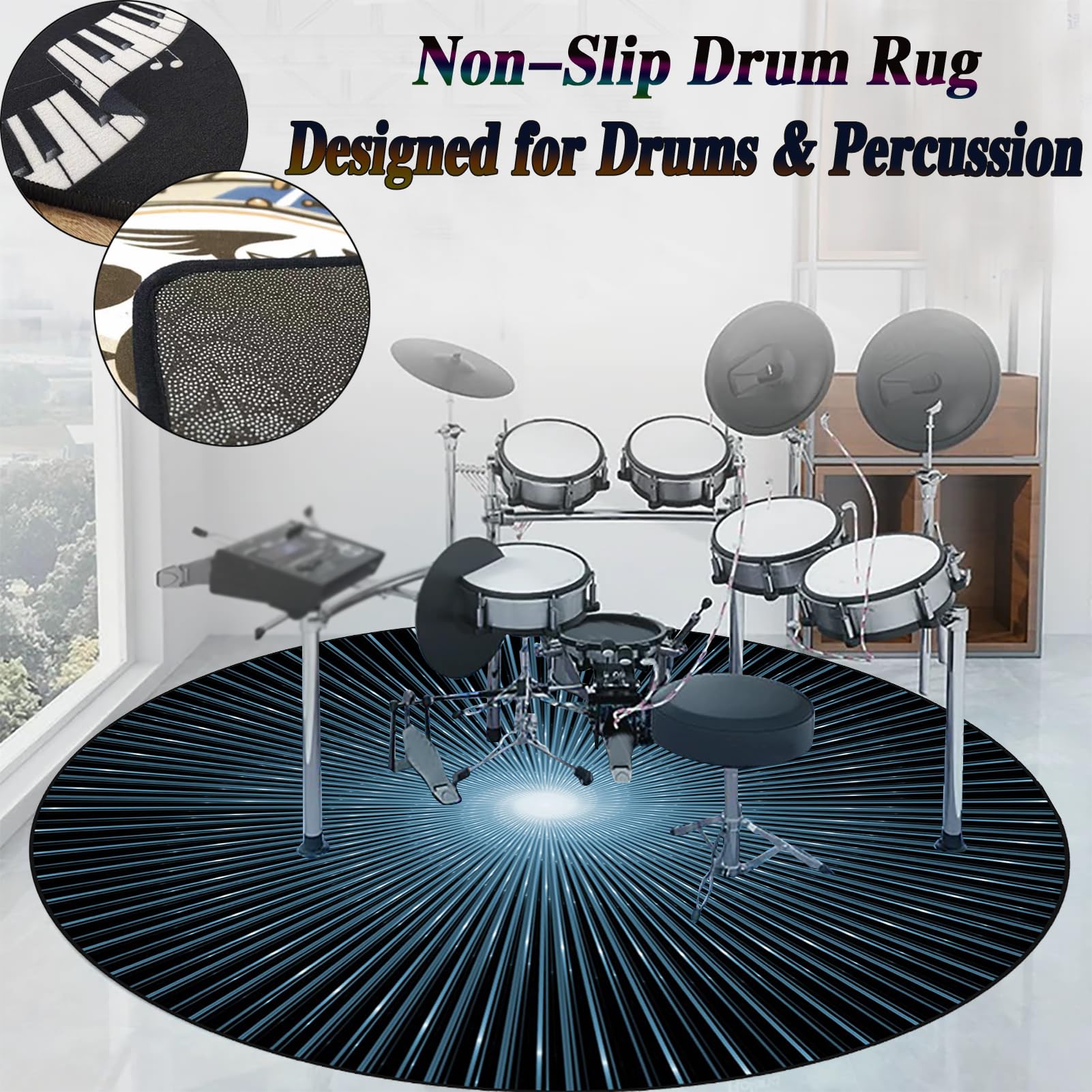 Schlagzeug Teppich Rund Schlagzeugteppich Schallschutz Akustik Teppich Schallschutzmatte Drum Rug Drum Matte Trommelteppich rutschfeste Trommel Teppiche für Bass Drum Snare Jazz Drumteppich 120 cm