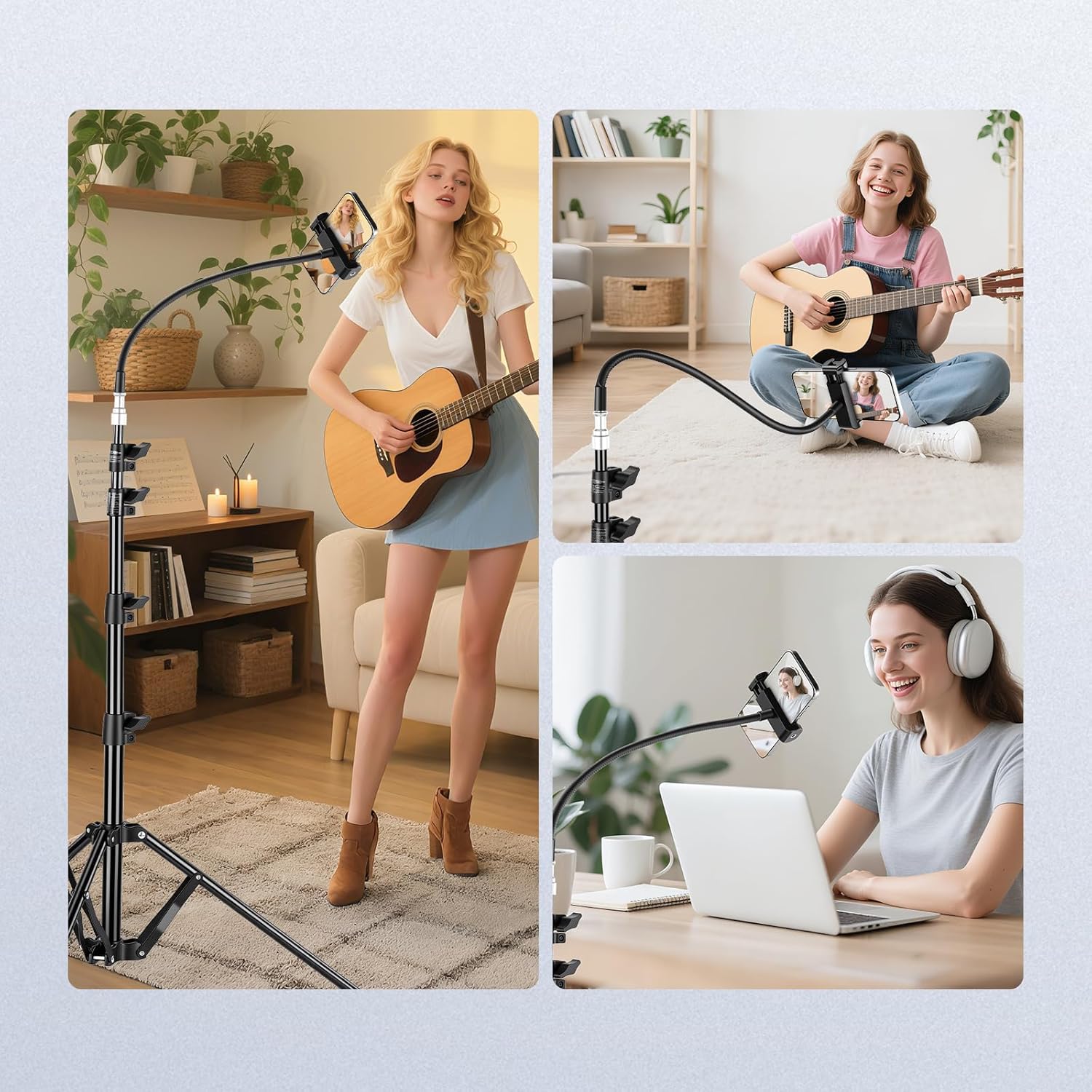 NEEWER BASICS Phone Tripod Stand with Flexible Arm & Reversible Legs, Aluminum Office Table Bedside Smartphone Clip Clamp Holder Mount Compatible with iPhone Samsung Android for Video Recording, ST014