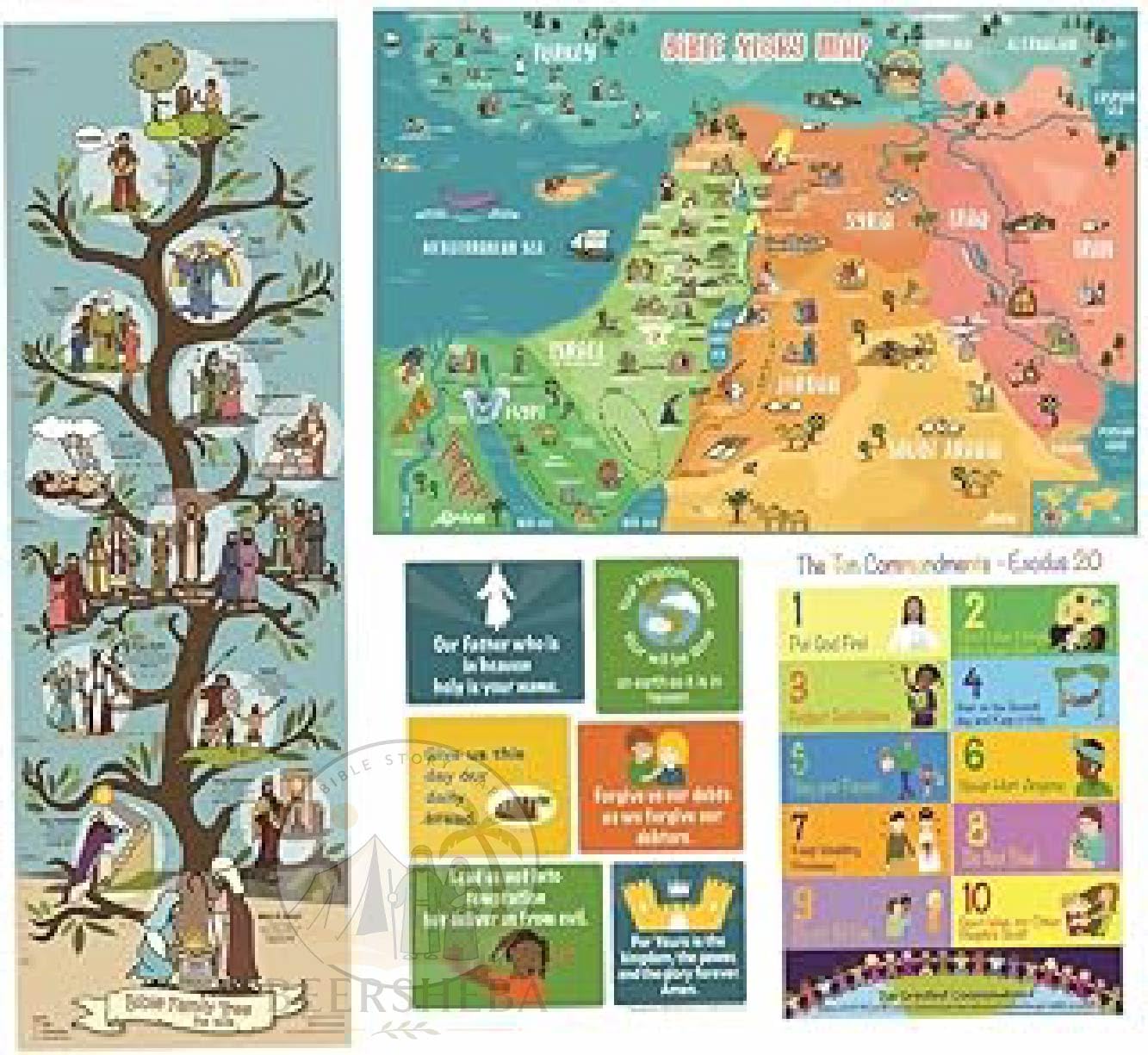 Sunday School Bible Posters for Kids – Educational & Inspirational decorations for classroom and christian bulletin boards. Set of 4, The Lord’s Prayer, Ten Commandments, Bible Story Map, & Family