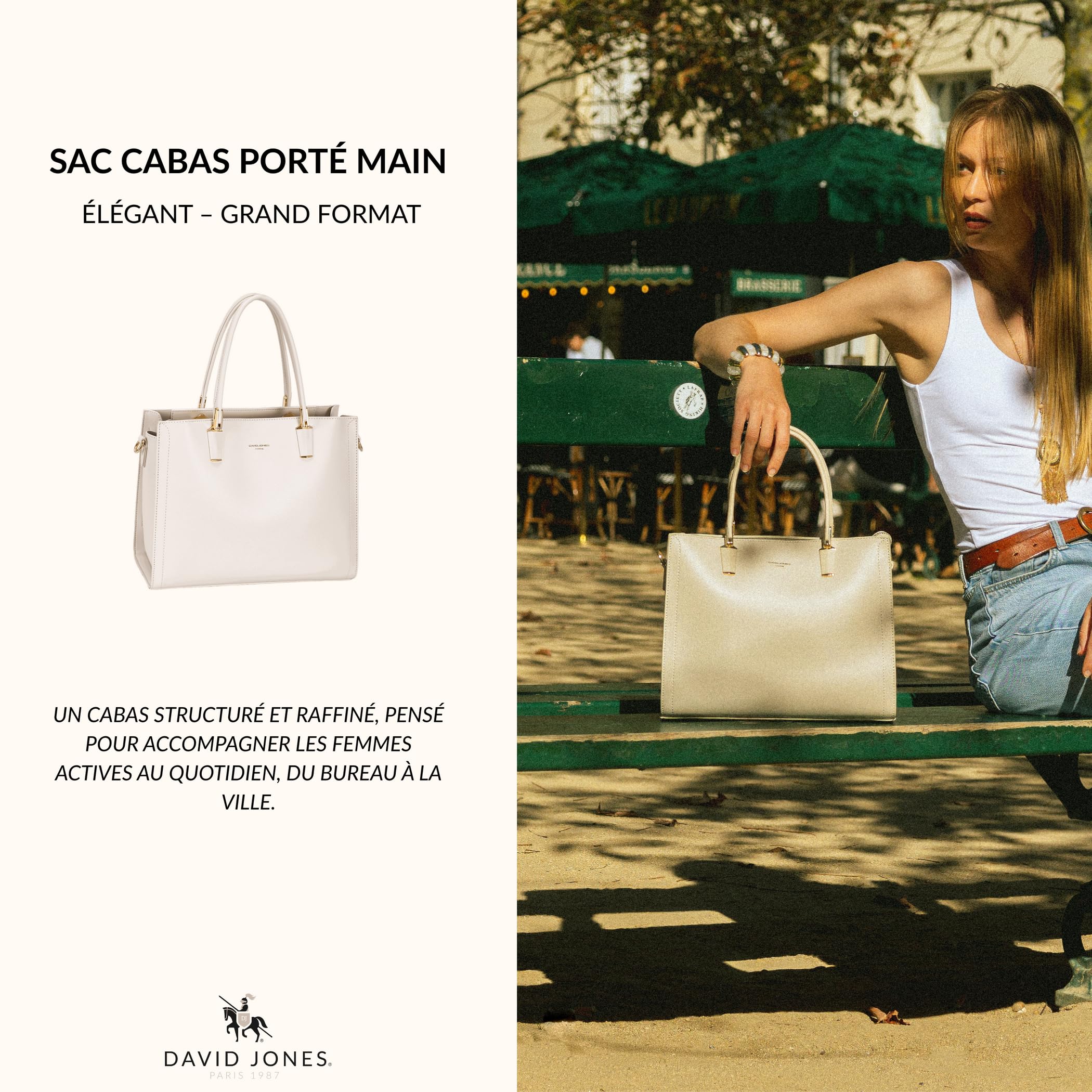 DAVID JONES Paris – Bolso de mano para mujer o ciudad, bolso de piel sintética talla grande, 3 compartimentos – Chic Elegante práctico